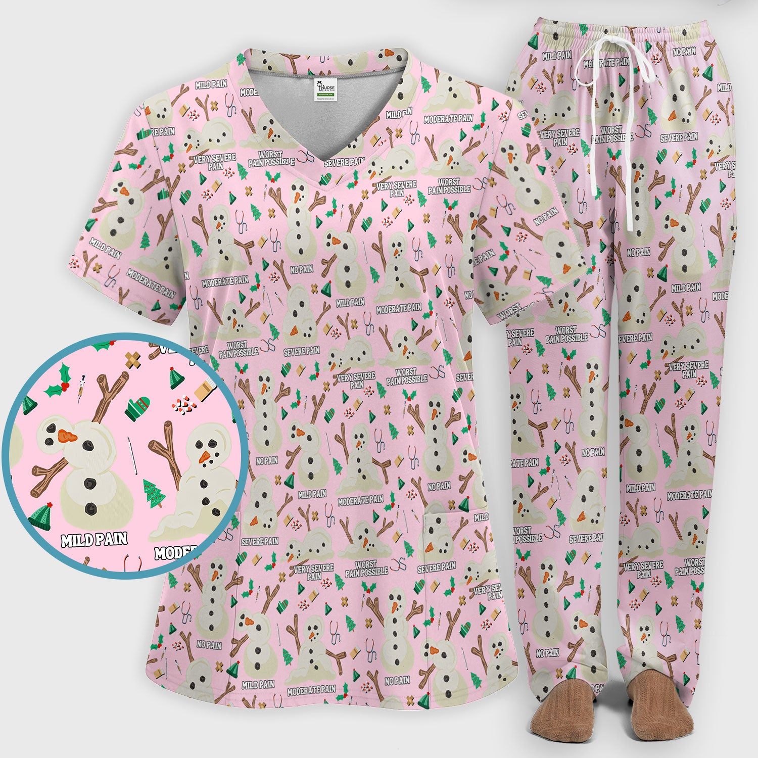Christmas Snowman Nurse Scrub Set for Women - Funny Pain Scale Scrubs Pants - Cute Holiday Nursing Uniform Gift for RN LPN CNA