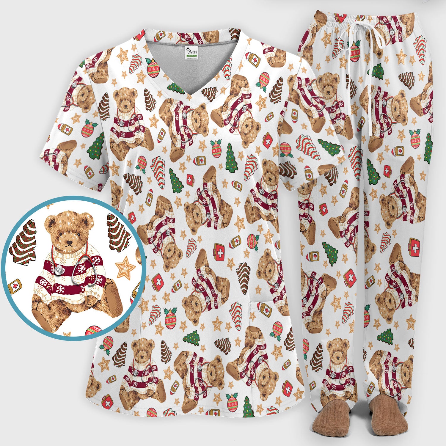 Christmas Teddy Bear Scrub Set for Nurses - Cozy Holiday Pattern with Cute Bear and Medical Icons Scrubs Pants and V Neck Top