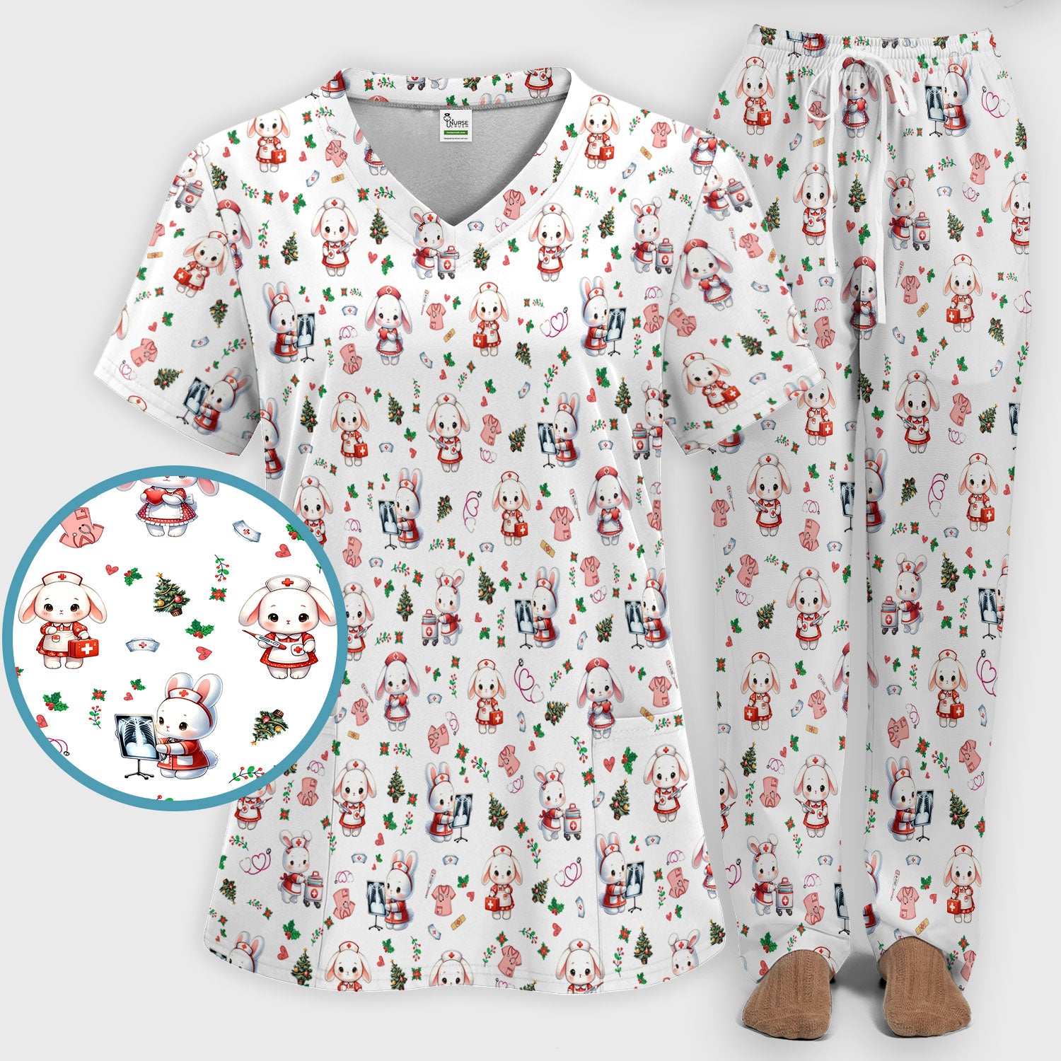 Comfortable Scrubs Sets for Nurses - Funny Bunny Scrub Pants and V Neck Top - Rabbit Christmas Med Uniform for Women