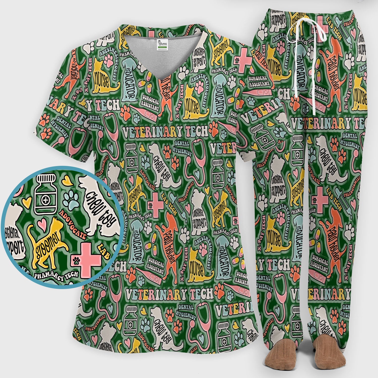 Veterinary Tech Nurse Scrub Set - Dog Cat Pet Scrubs Pants and V Neck Top - Funny Vet Tech Animal Scrubs for Women LPN RN CNA