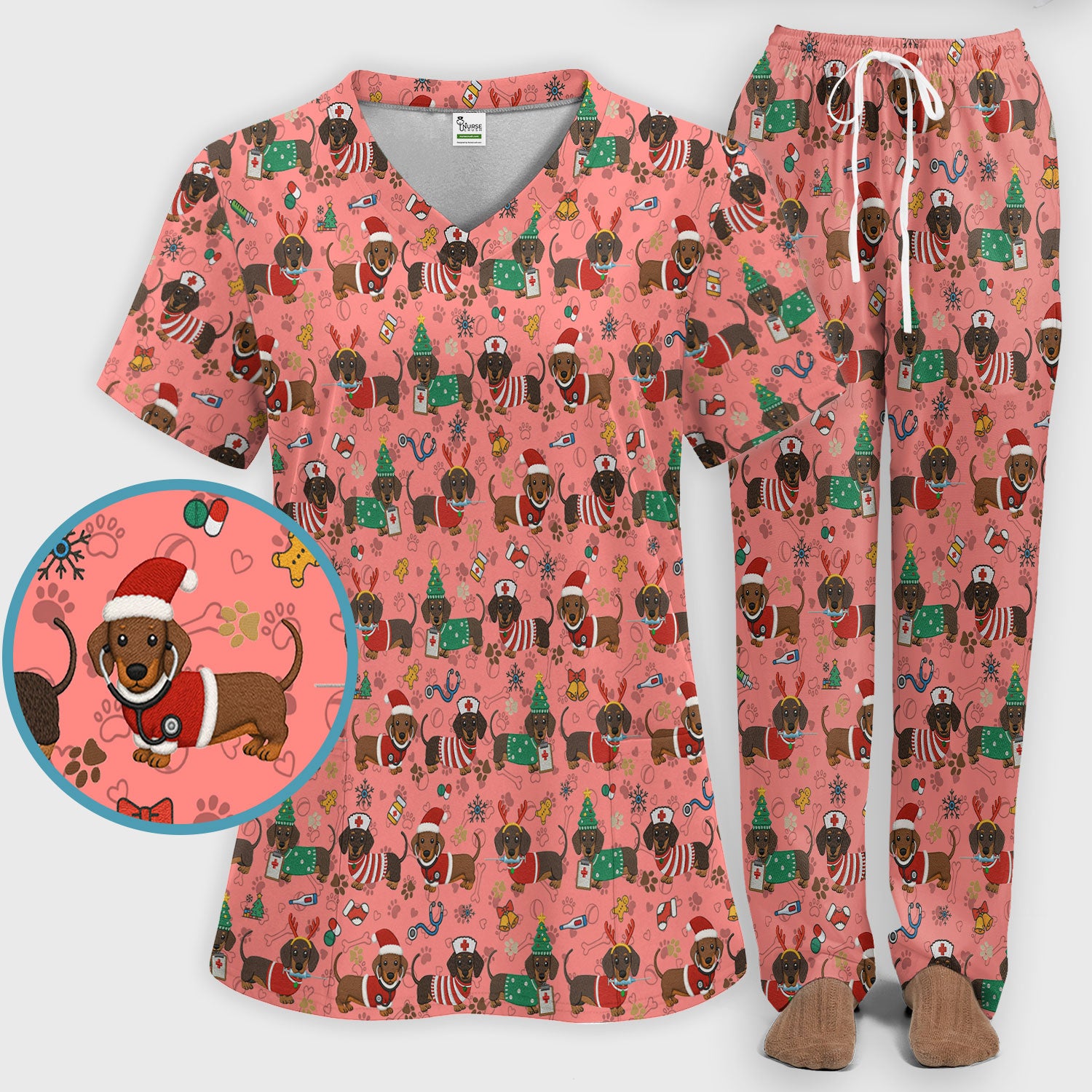 Christmas Wiener Dog Scrub Sets for Nurses - Cute Dachshund Scrubs Pants and V Neck Top - Fun Holiday Gift for Women RN CNA LPN