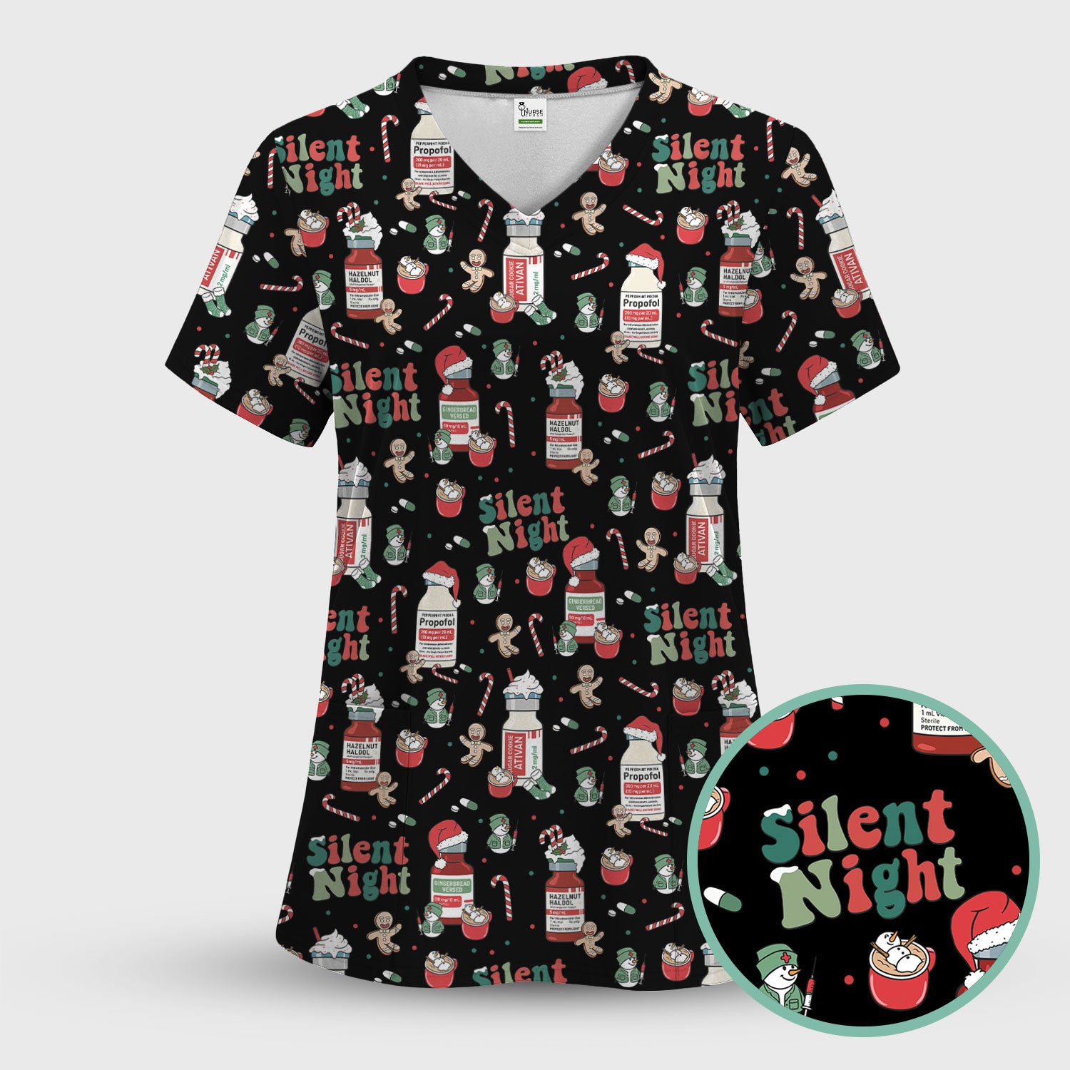 Christmas Scrub Tops for Women Nurses - Propofol Bottle and Festive Candy Pattern Medicine Scrub - Funny Holiday Medical Gift for RN LPN CNA