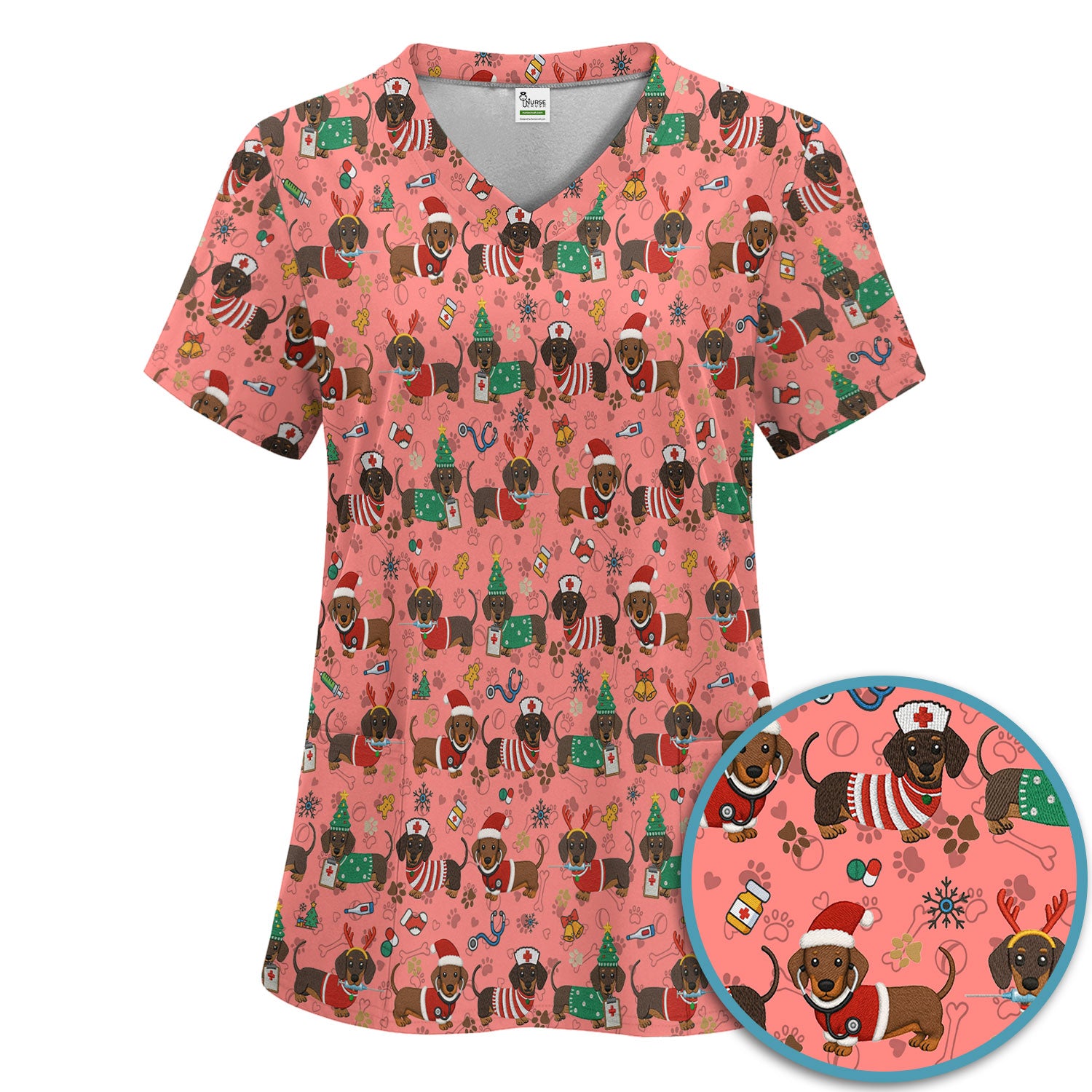 Christmas Wiener Dog Scrub Sets for Nurses - Cute Dachshund Scrubs Pants and V Neck Top - Fun Holiday Gift for Women RN CNA LPN