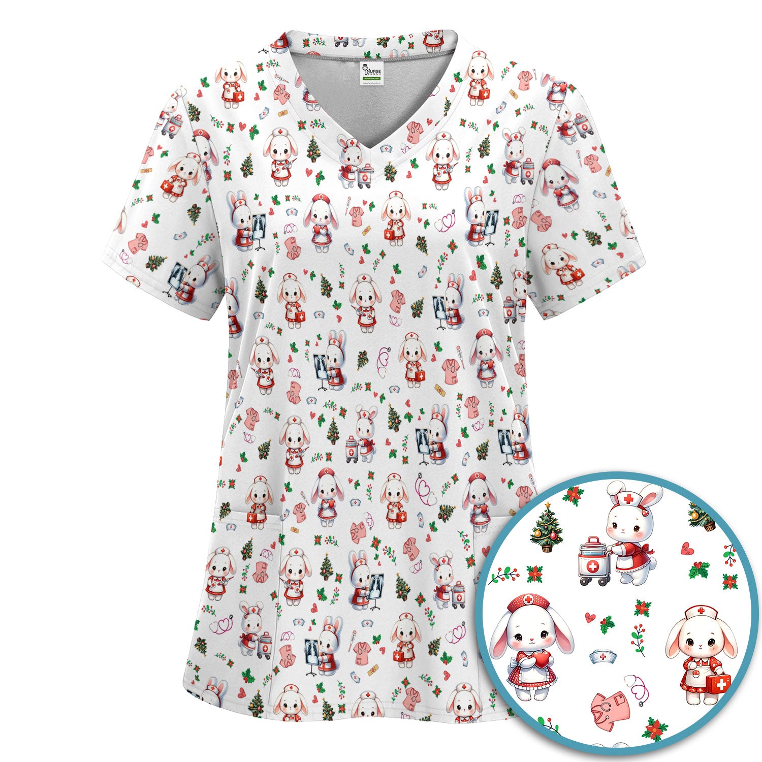 Comfortable Scrubs Sets for Nurses - Funny Bunny Scrub Pants and V Neck Top - Rabbit Christmas Med Uniform for Women