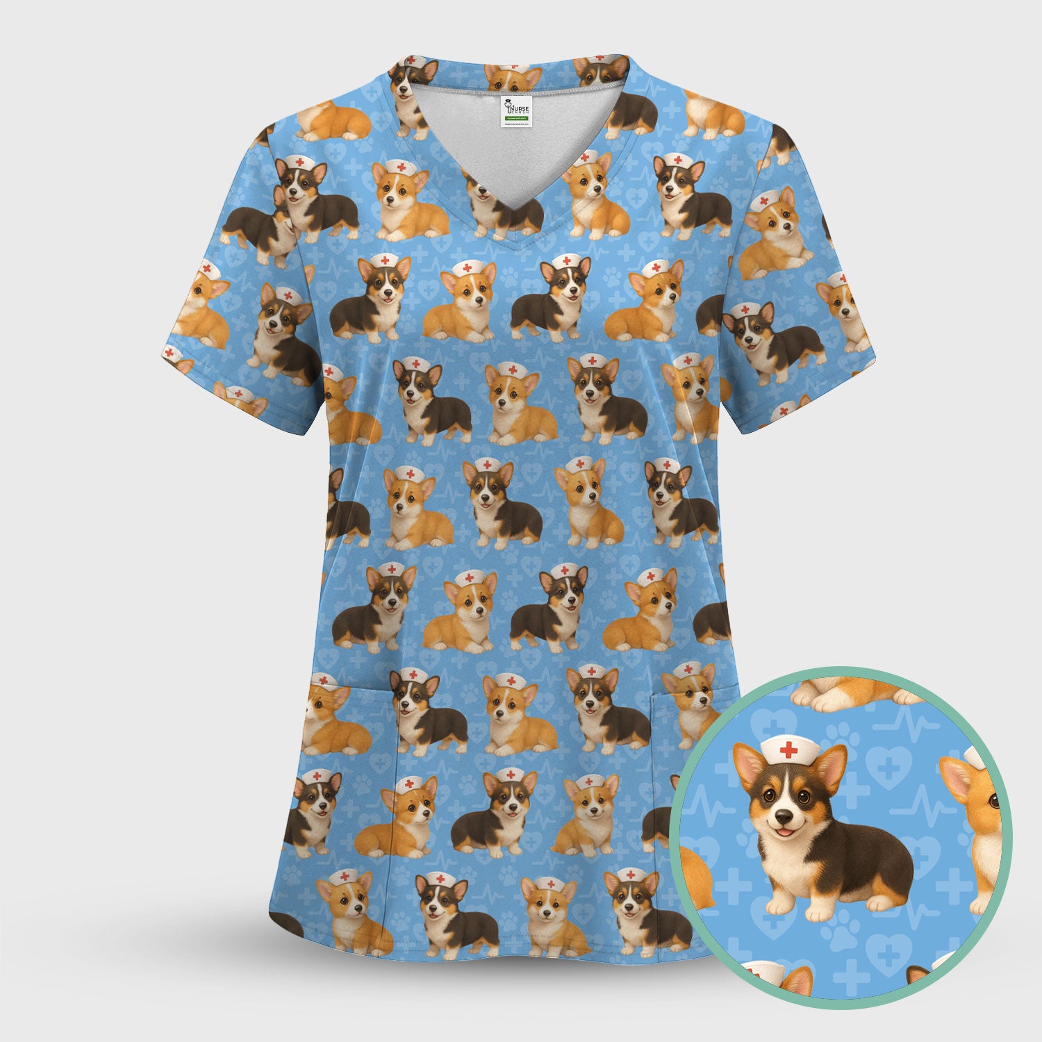 Corgi Dog Scrubs Top for Women - Cute Corgi Nurse Pattern Medical Scrubs Shirt - Fun Dog Scrubs for RN LPN CNA and Veterinary Nurses