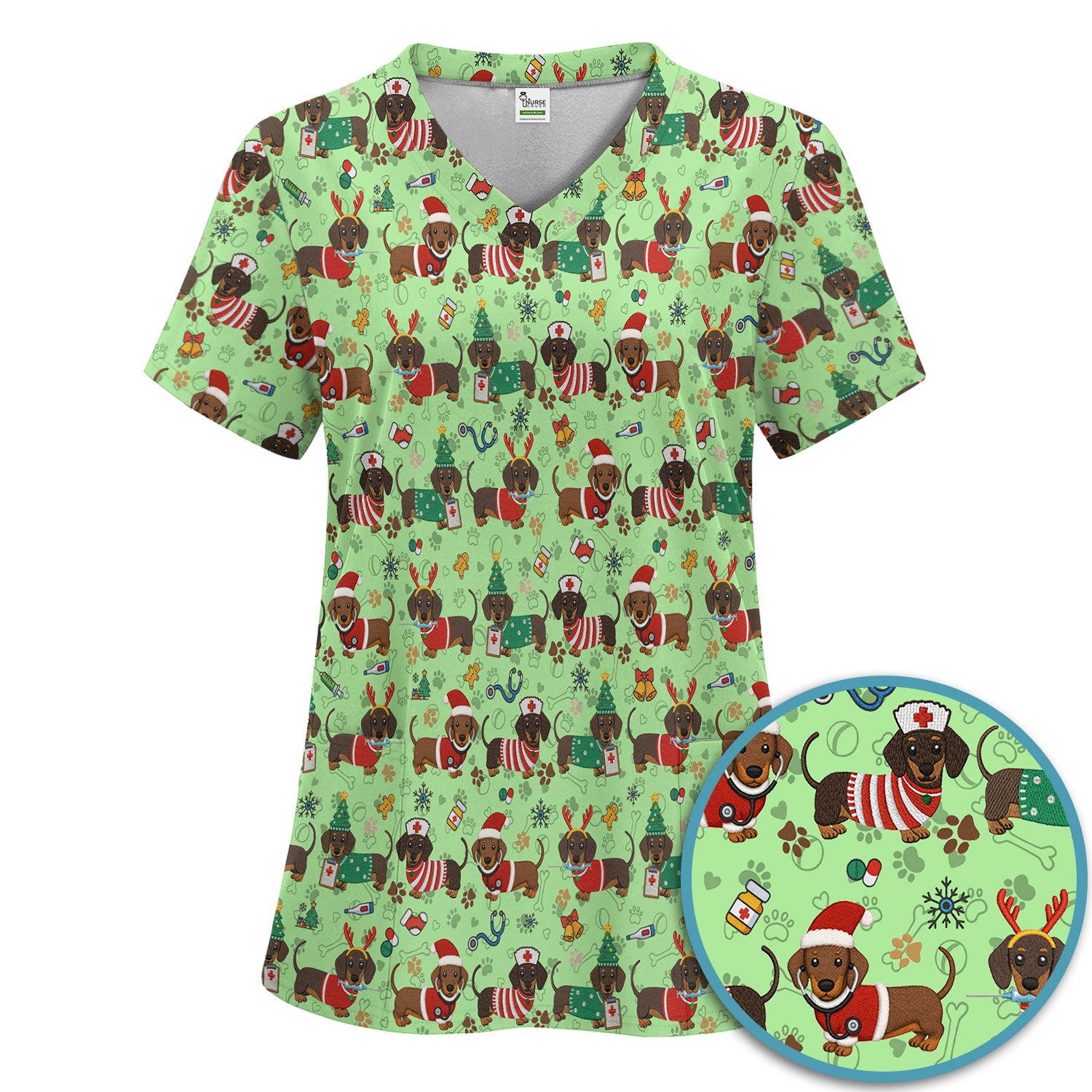 Christmas Wiener Dog Scrub Sets for Nurses - Cute Dachshund Scrubs Pants and V Neck Top - Fun Holiday Gift for Women RN CNA LPN