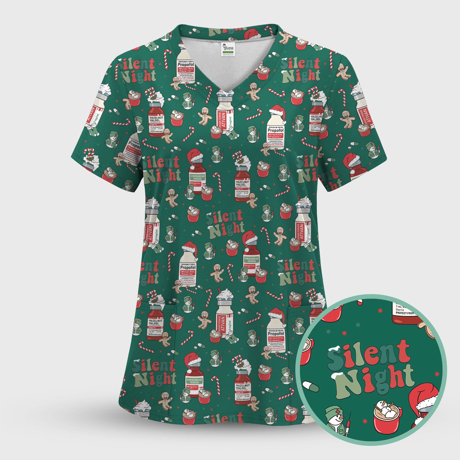 Christmas Scrub Tops for Women Nurses - Propofol Bottle and Festive Candy Pattern Medicine Scrub - Funny Holiday Medical Gift for RN LPN CNA