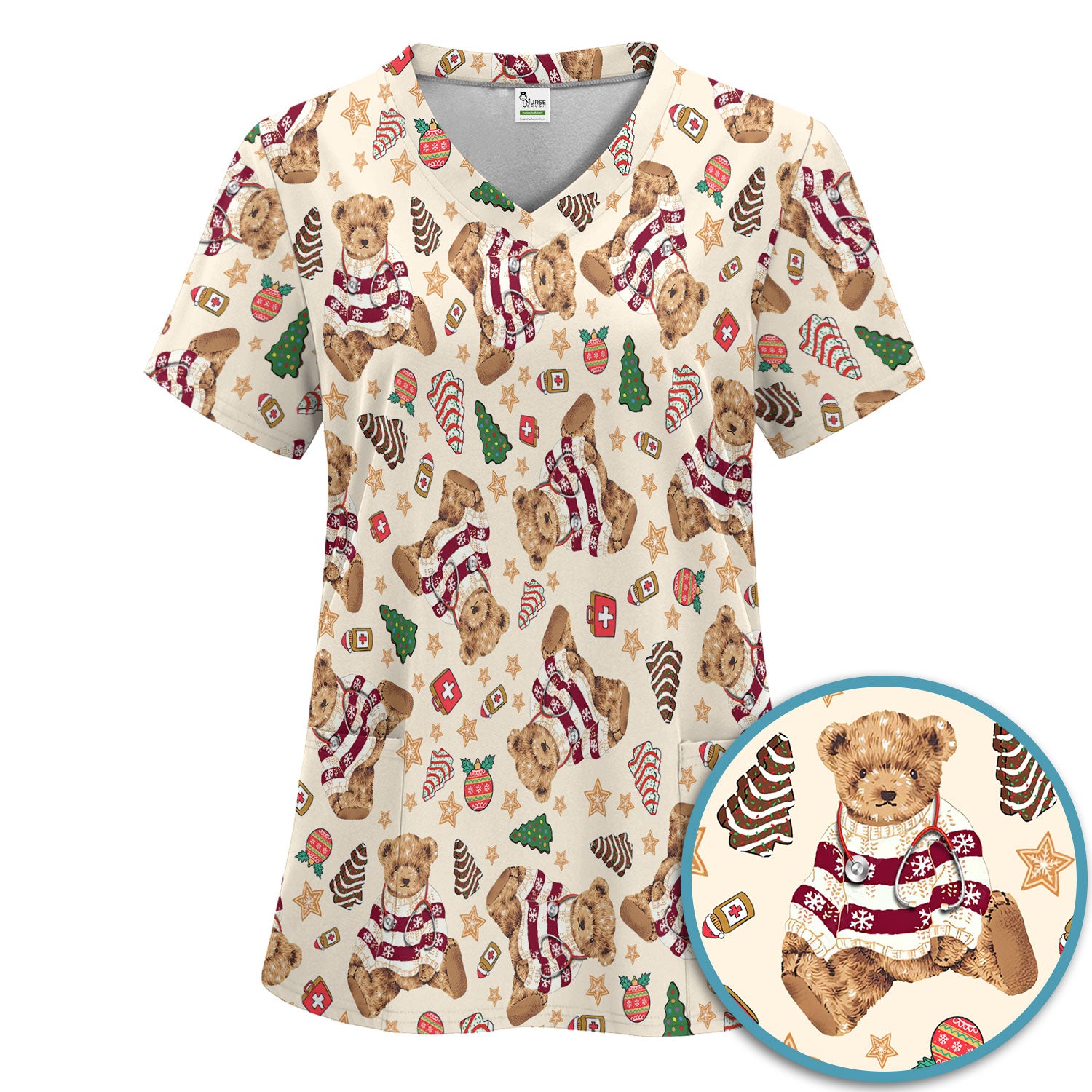 Christmas Teddy Bear Scrub Set for Nurses - Cozy Holiday Pattern with Cute Bear and Medical Icons Scrubs Pants and V Neck Top