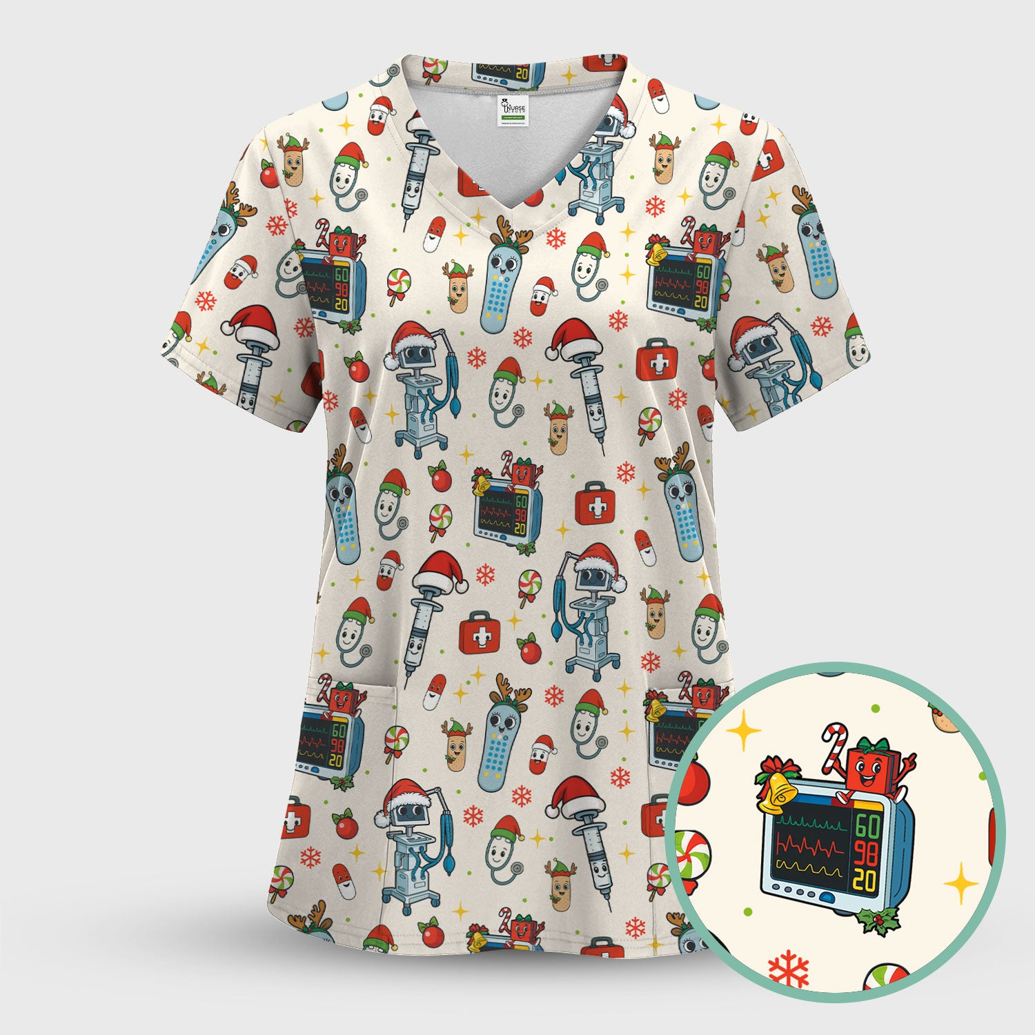 Christmas Scrub Top for Women - Funny Nurse Pattern with Robot & Reindeer - Festive Medical Shirt for Holiday Shifts
