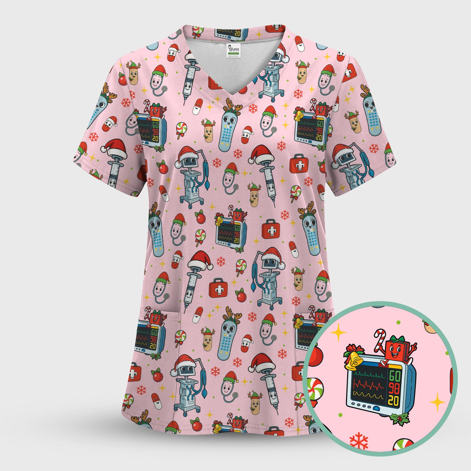 Christmas Scrub Top for Women - Funny Nurse Pattern with Robot & Reindeer - Festive Medical Shirt for Holiday Shifts