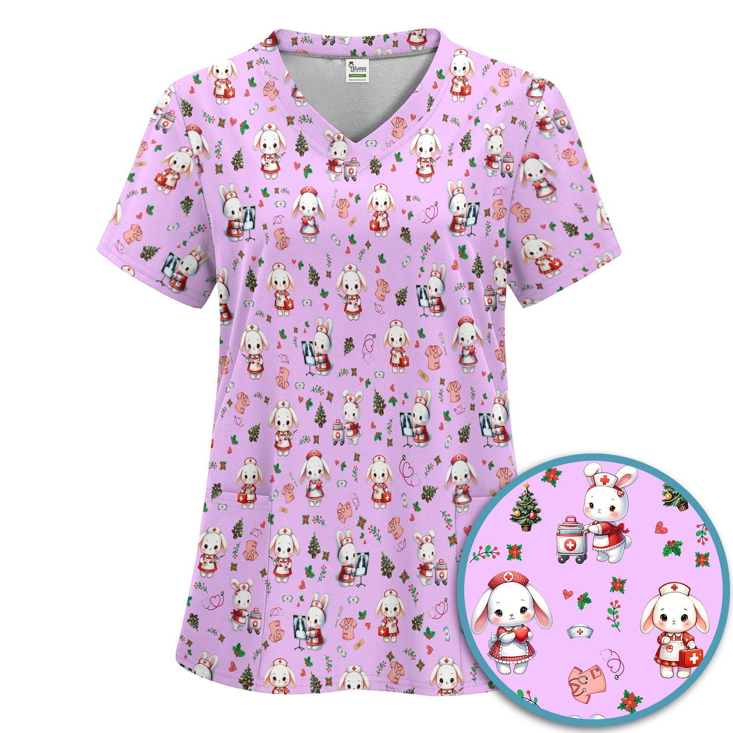 Comfortable Scrubs Sets for Nurses - Funny Bunny Scrub Pants and V Neck Top - Rabbit Christmas Med Uniform for Women