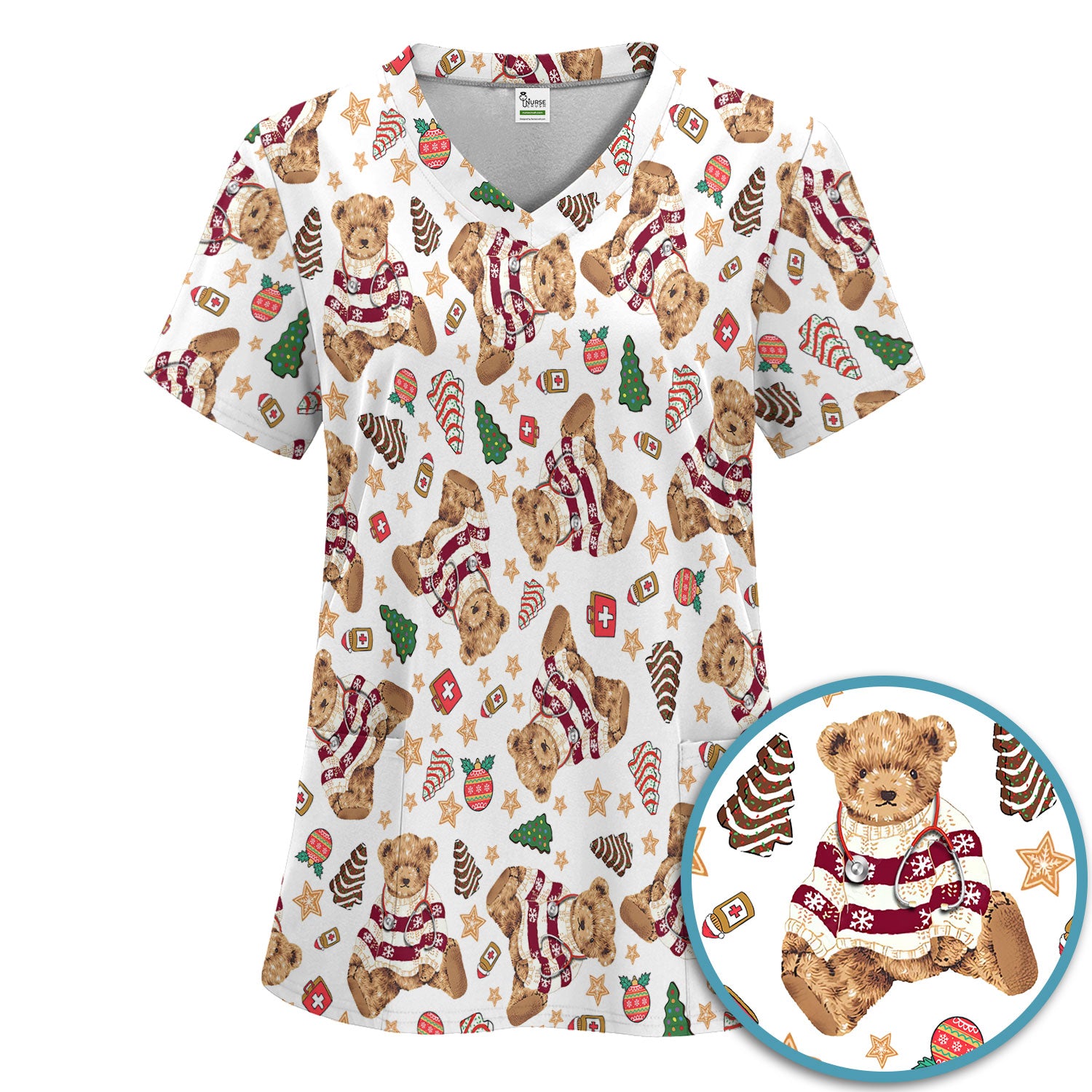 Christmas Teddy Bear Scrub Set for Nurses - Cozy Holiday Pattern with Cute Bear and Medical Icons Scrubs Pants and V Neck Top
