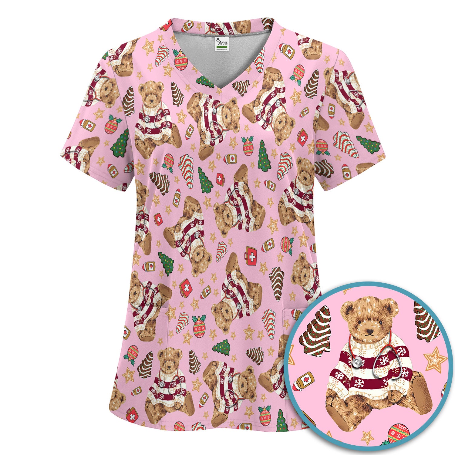 Christmas Teddy Bear Scrub Set for Nurses - Cozy Holiday Pattern with Cute Bear and Medical Icons Scrubs Pants and V Neck Top