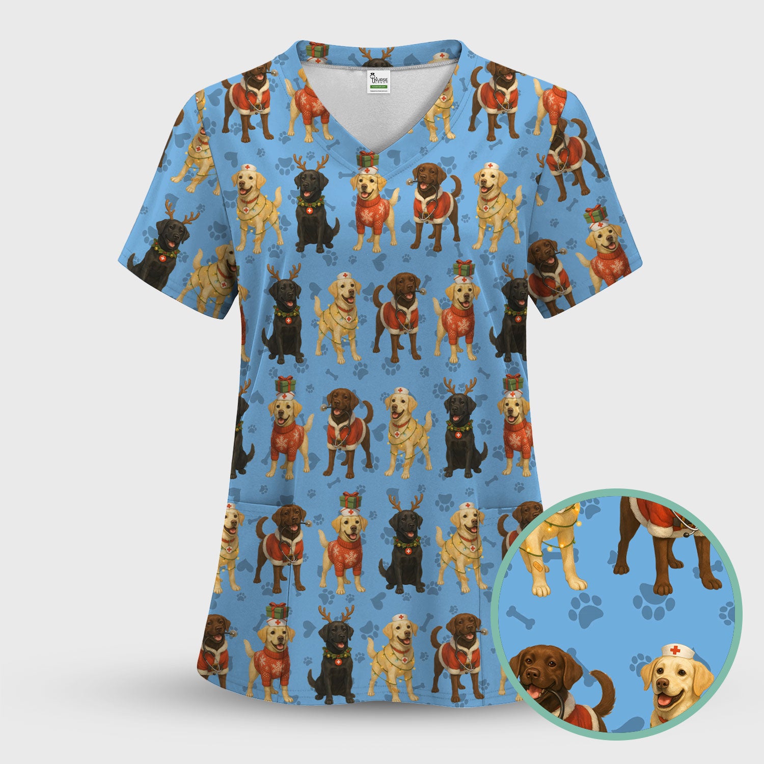 Christmas Scrubs with Labrador Dogs for Women - Cute Dog Scrubs Pattern Medical Top - Festive Holiday Labrador Scrubs for Nurses