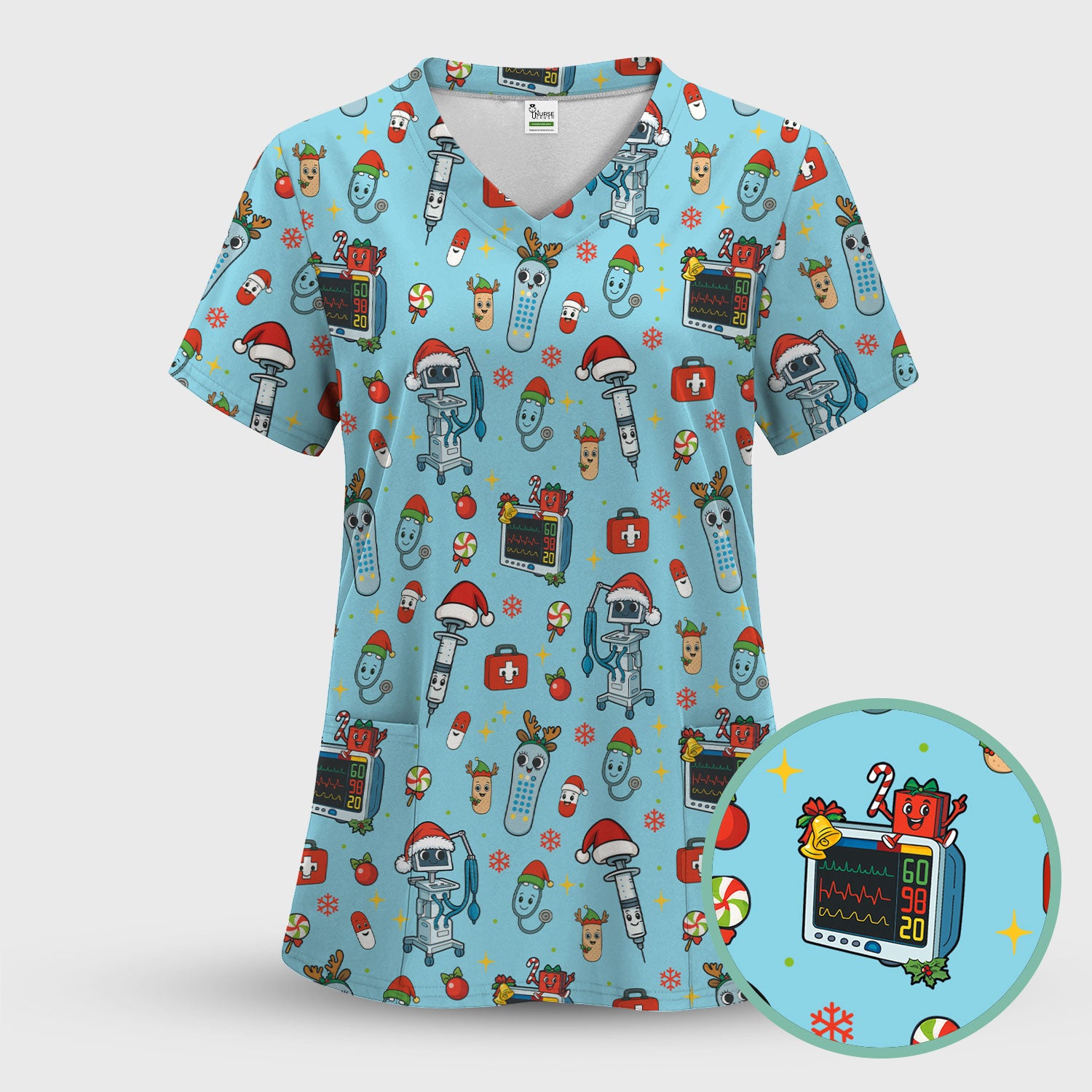 Christmas Scrub Top for Women - Funny Nurse Pattern with Robot & Reindeer - Festive Medical Shirt for Holiday Shifts