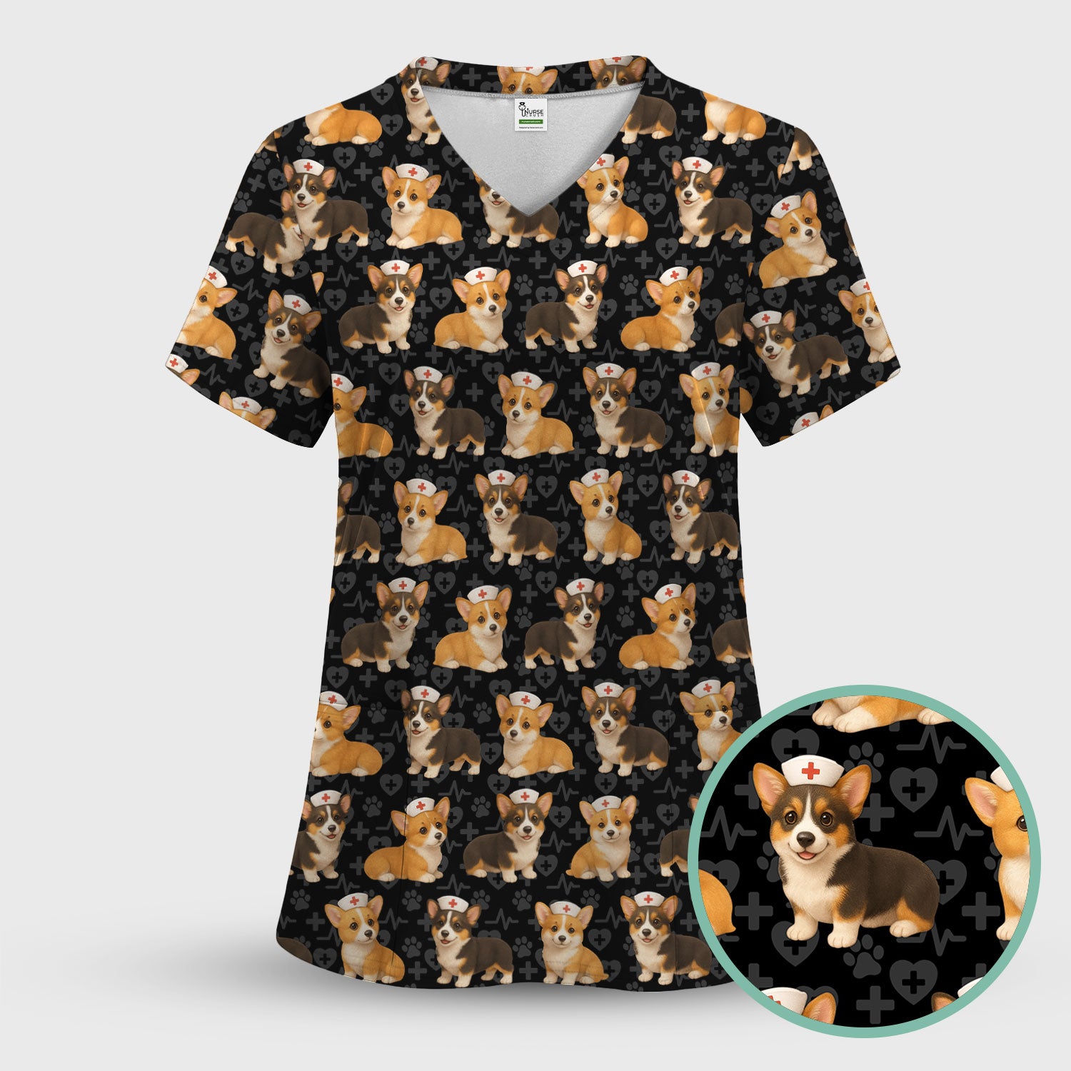 Corgi Dog Scrubs Top for Women - Cute Corgi Nurse Pattern Medical Scrubs Shirt - Fun Dog Scrubs for RN LPN CNA and Veterinary Nurses