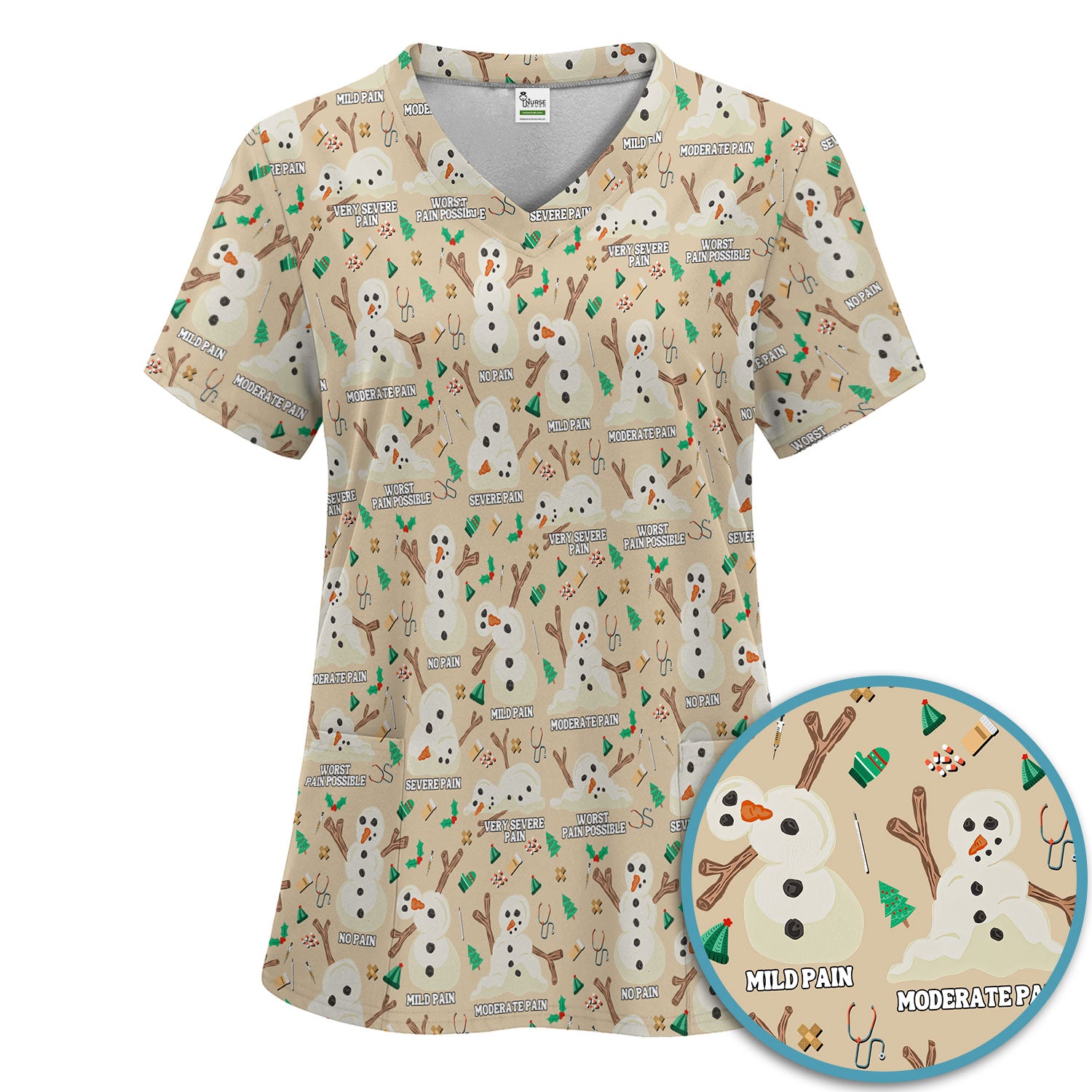 Christmas Snowman Nurse Scrub Set for Women - Funny Pain Scale Scrubs Pants - Cute Holiday Nursing Uniform Gift for RN LPN CNA