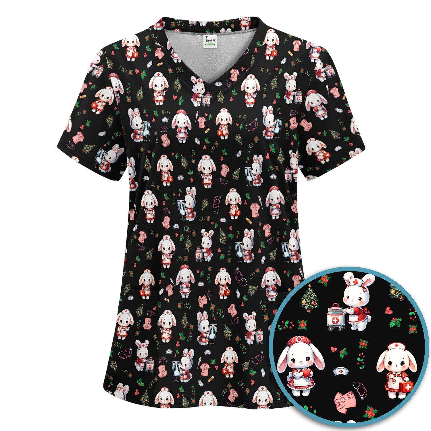 Comfortable Scrubs Sets for Nurses - Funny Bunny Scrub Pants and V Neck Top - Rabbit Christmas Med Uniform for Women