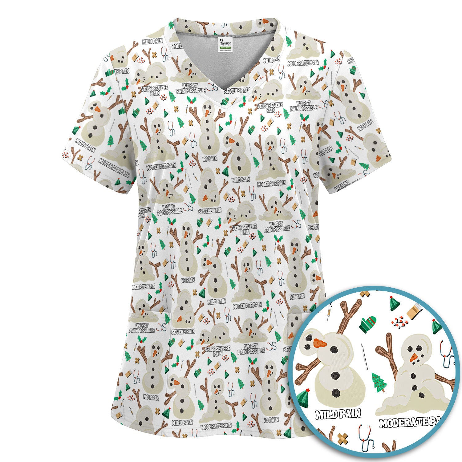 Christmas Snowman Nurse Scrub Set for Women - Funny Pain Scale Scrubs Pants - Cute Holiday Nursing Uniform Gift for RN LPN CNA