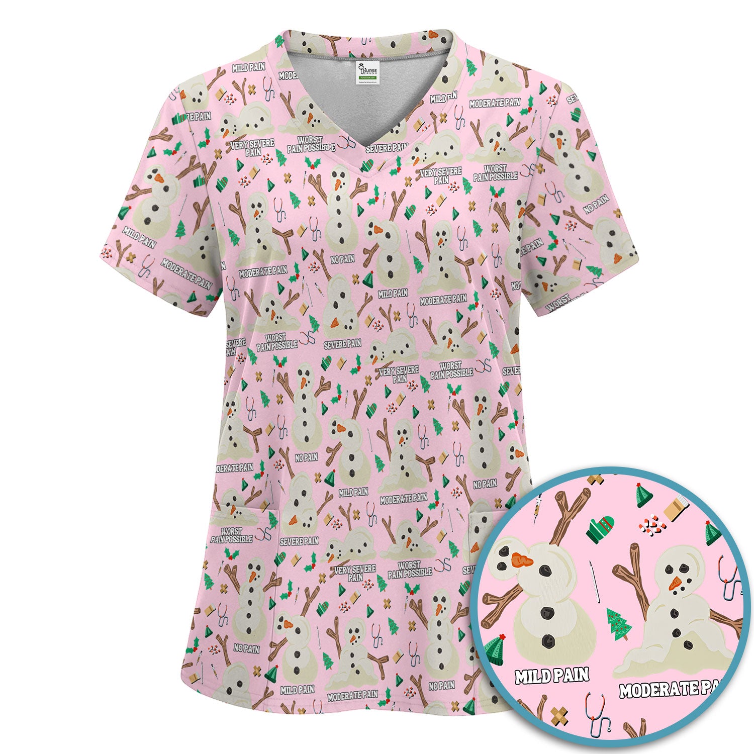Christmas Snowman Nurse Scrub Set for Women - Funny Pain Scale Scrubs Pants - Cute Holiday Nursing Uniform Gift for RN LPN CNA