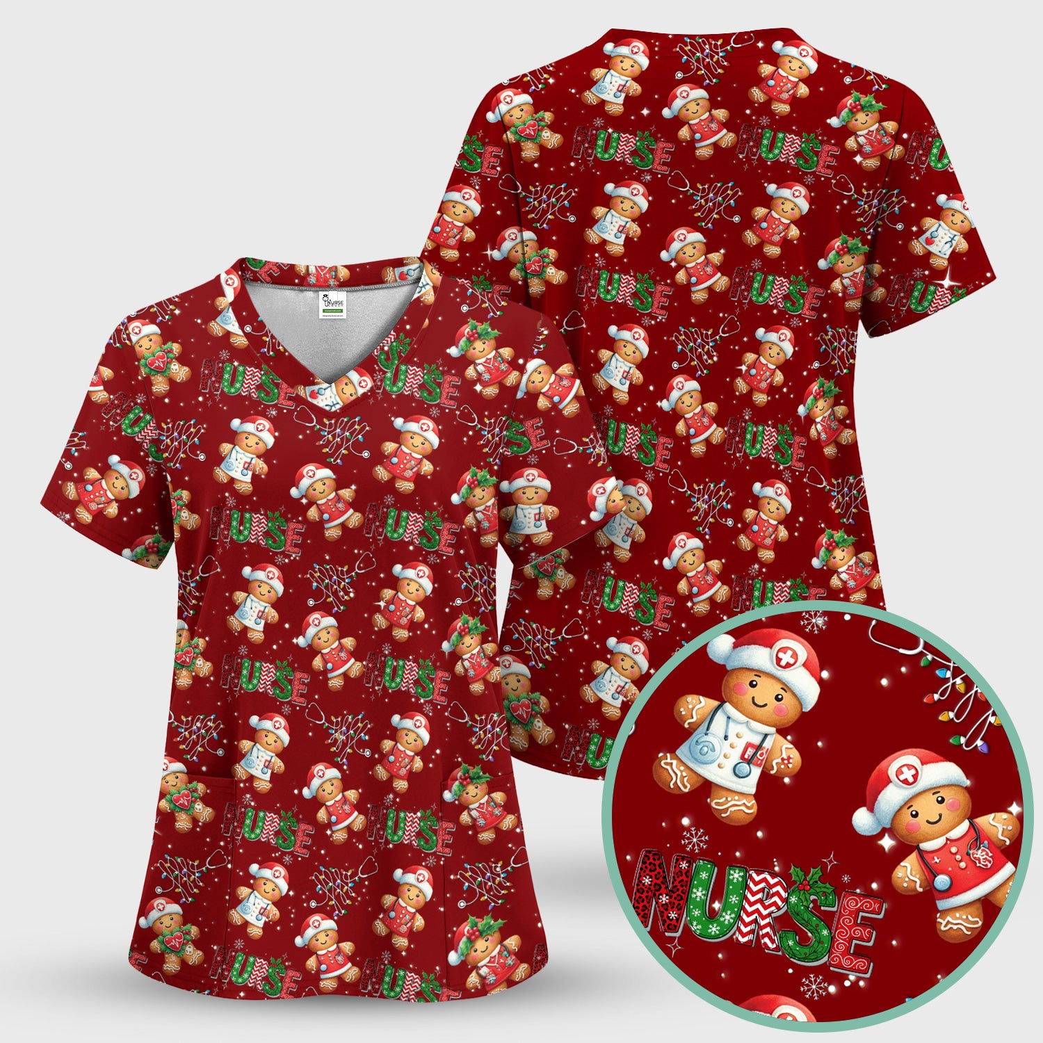 Christmas Nurse Scrub Top - Funny Gingerbread Holiday Medical Uniform - Gift for Nurse RN CNA LPN