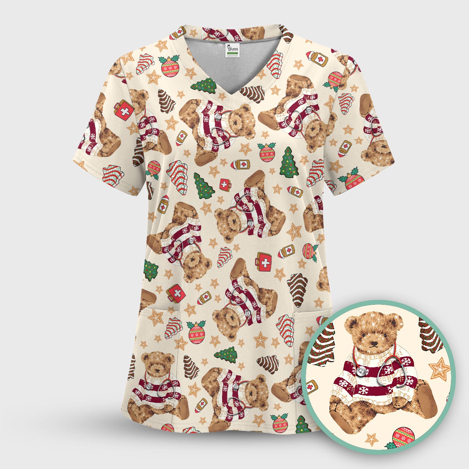 Christmas Teddy Bear Scrub Top for Nurses - Cozy Holiday Pattern with Cute Bear and Medical Icons - Festive Scrubs for Women