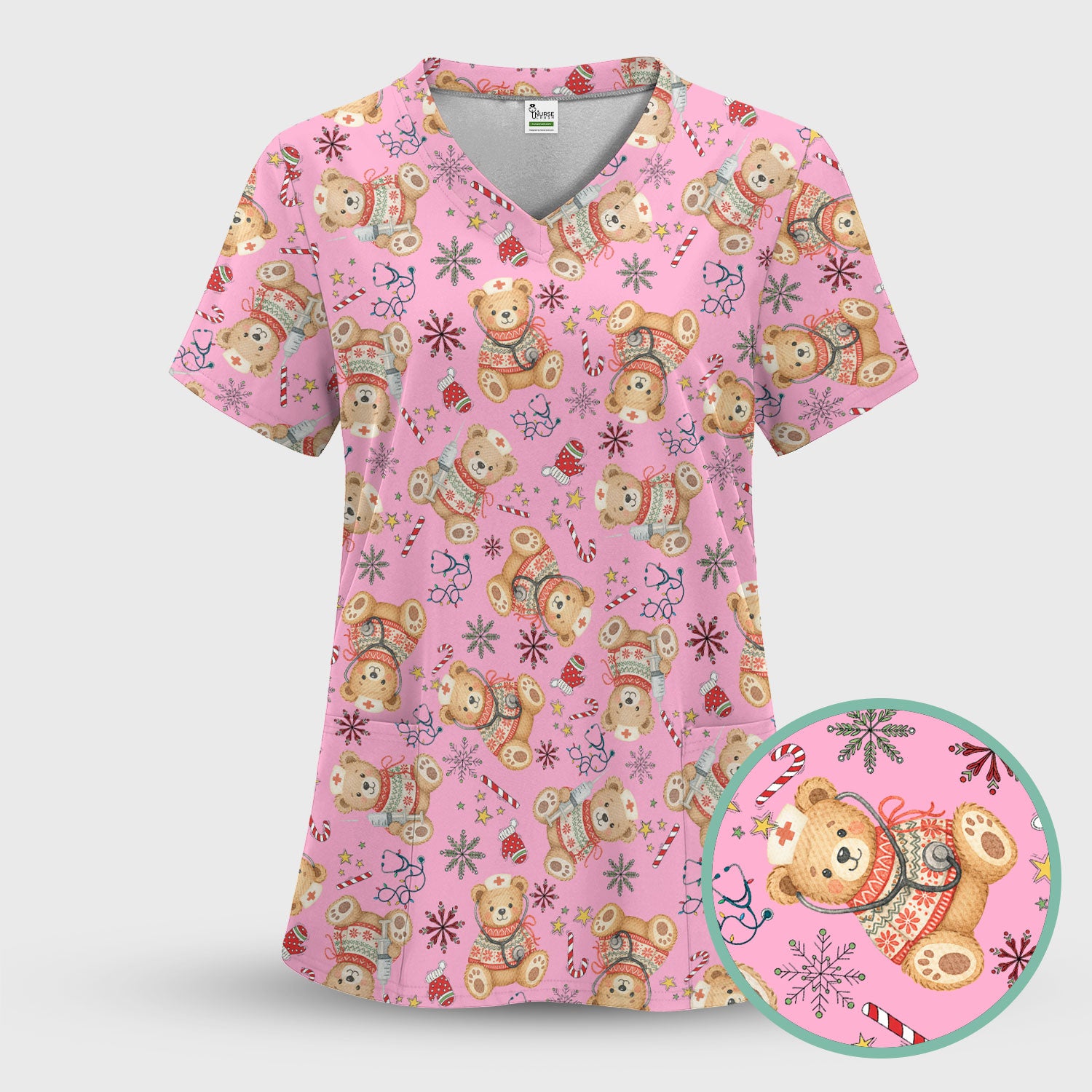 Christmas Teddy Bear Nurse Scrub Top for Women - Cute Holiday Medical Shirt RN LPN CNA Gift - Festive Nursing Uniform