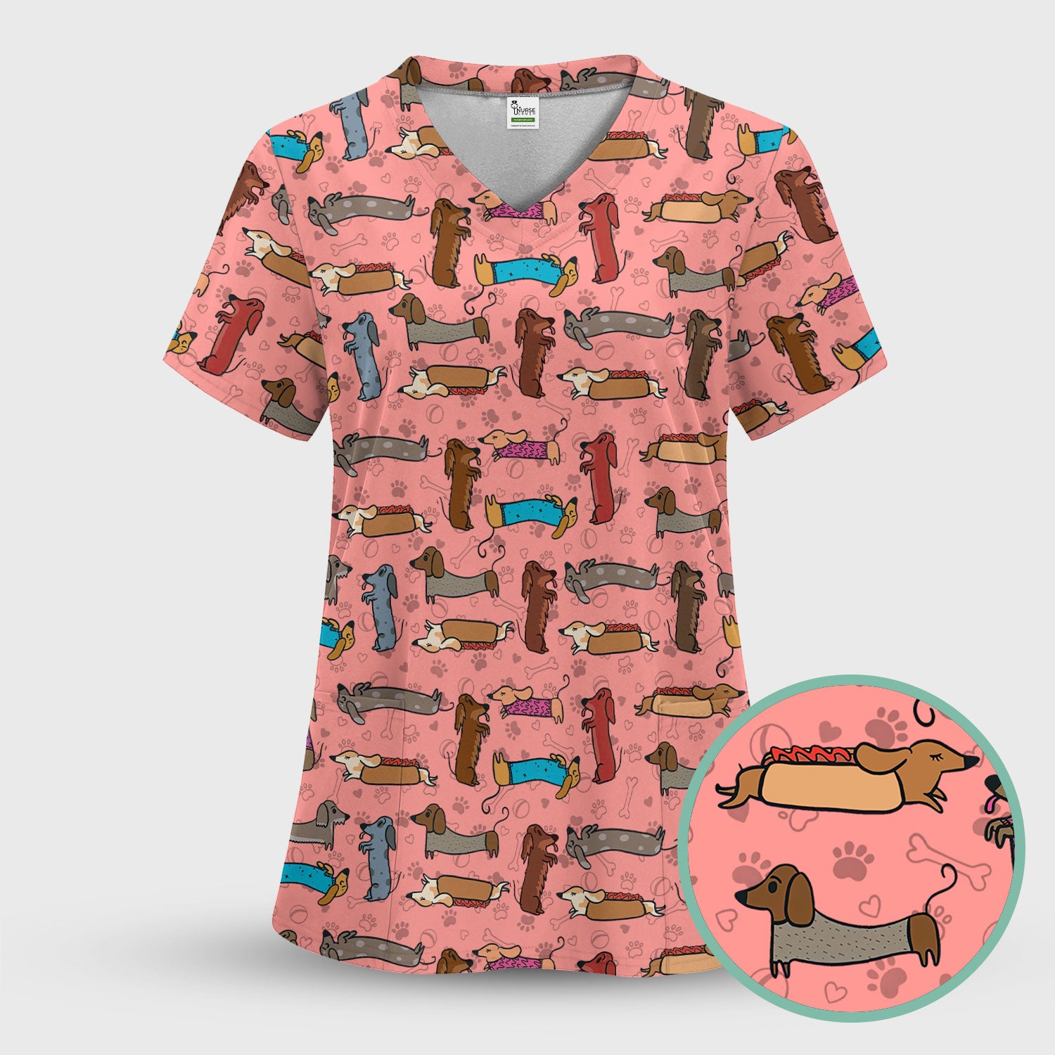 Cute Sausage Dog Scrub Top for Nurses - Colorful Dachshund Print Medical Work Shirt - Fun Wiener Dog Pattern Veterinary Apparel