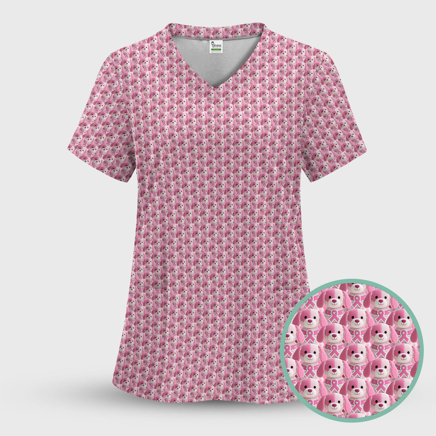 Pink Breast Cancer Awareness Scrub Top - Cute Puppy Dog Ribbon Nurse Shirt - Support Fight Cancer Medical Uniform Gift