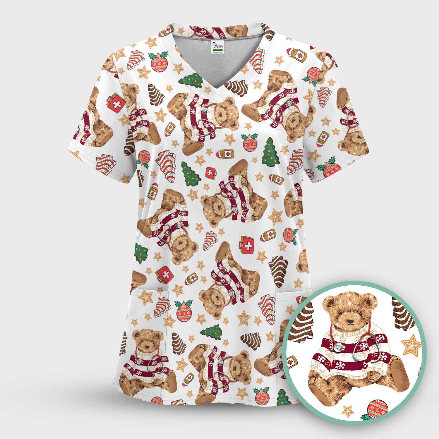 Christmas Teddy Bear Scrub Top for Nurses - Cozy Holiday Pattern with Cute Bear and Medical Icons - Festive Scrubs for Women