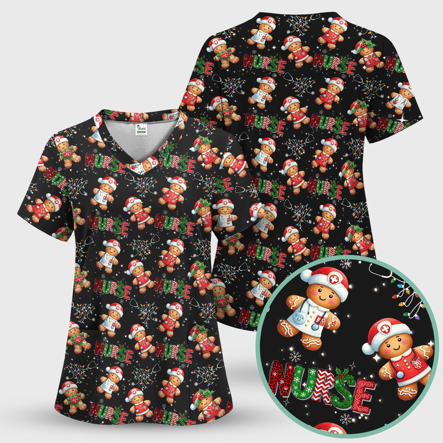 Gingerbread Christmas Scrub Top - Festive Holiday Nurse Medical Shirt - Gift for RN CNA LPN