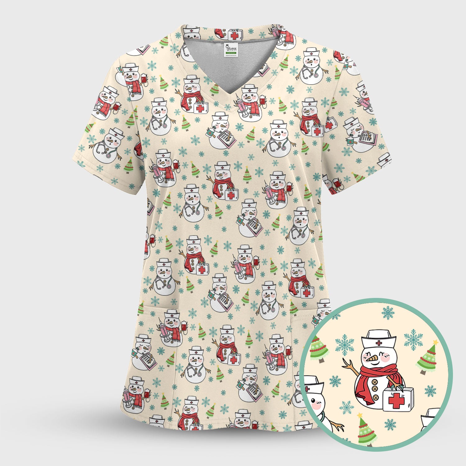 Christmas Snowman Nurse Scrub Top for Women - Cute Holiday Medical Snowman Tee - Funny Nursing Uniform Shirt RN LPN CNA Gift