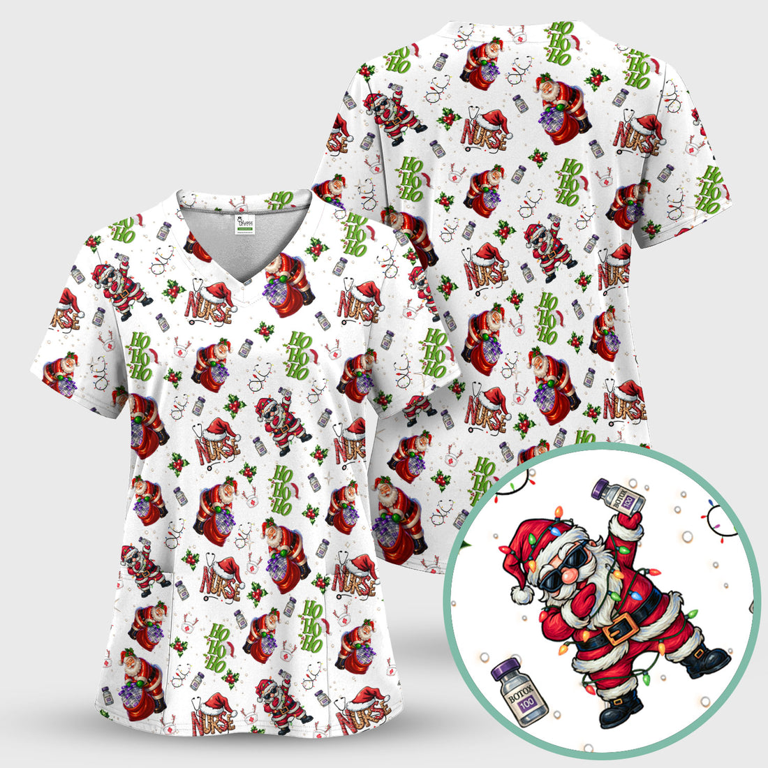 Christmas Nurse Scrub Top Multi Color - Funny Santa Claus Scrub Shirt for Women - Cute Holiday Nursing Work Shirt with Pockets