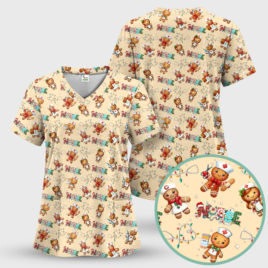 Gingerbread Cookie Christmas Scrub Top - Funny Holiday Nurse Shirt - Cute Medical Uniform for RN CNA LPN LVN EN