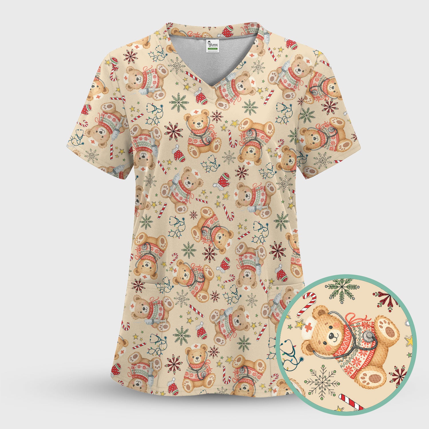 Christmas Teddy Bear Nurse Scrub Top for Women - Cute Holiday Medical Shirt RN LPN CNA Gift - Festive Nursing Uniform