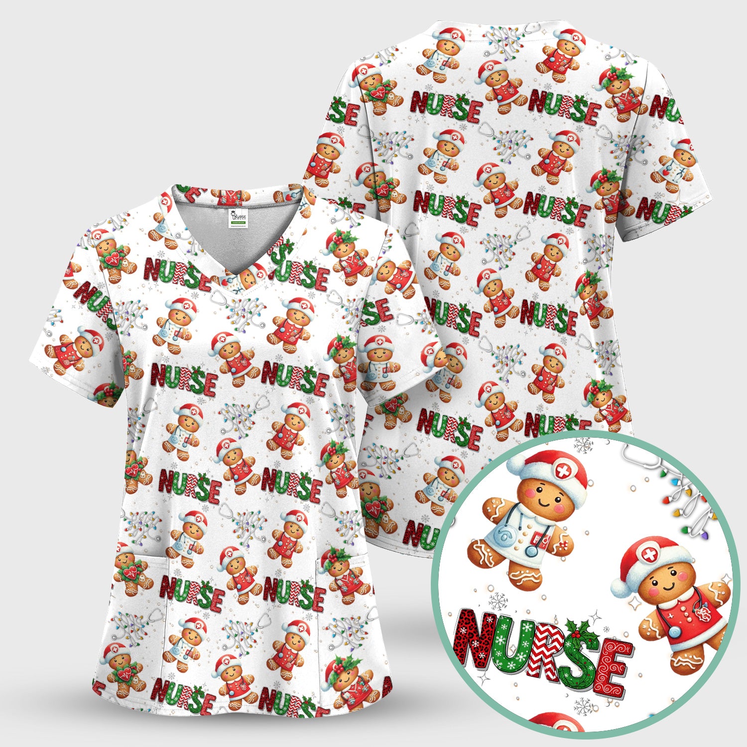 Gingerbread Christmas Scrub Top - Festive Holiday Nurse Medical Shirt - Gift for RN CNA LPN