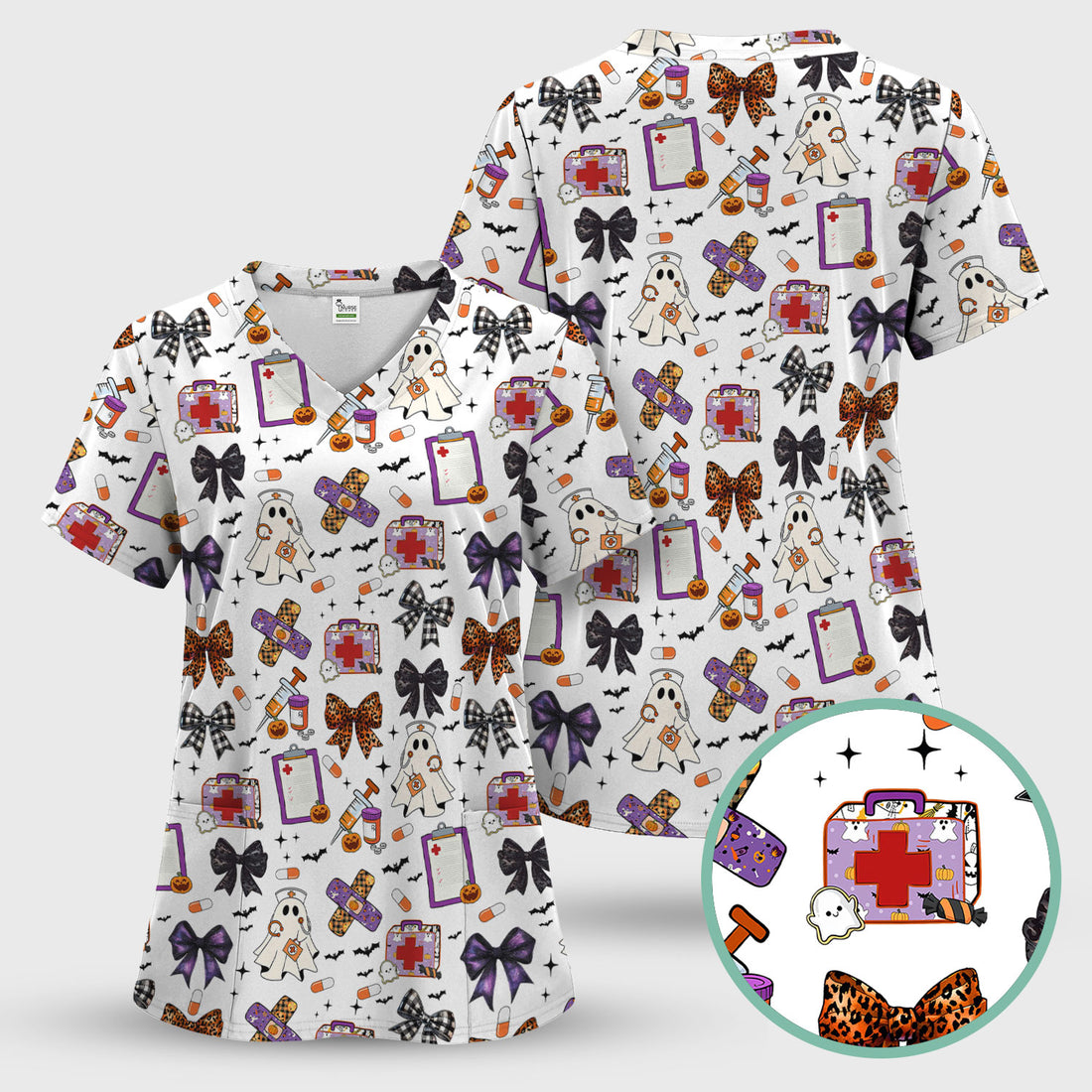 Spooky Cute Nurse Scrubs Top - Ghost, Pumpkin & Bow Print - Fun Halloween Medical Shirt for Women Nurses