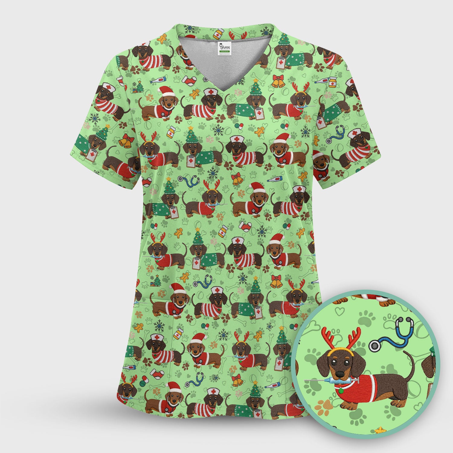 Christmas Wiener Dog Scrub Top for Nurses - Cute Dachshund Medical Shirt - Fun Holiday Scrubs Gift for Women RN CNA LPN