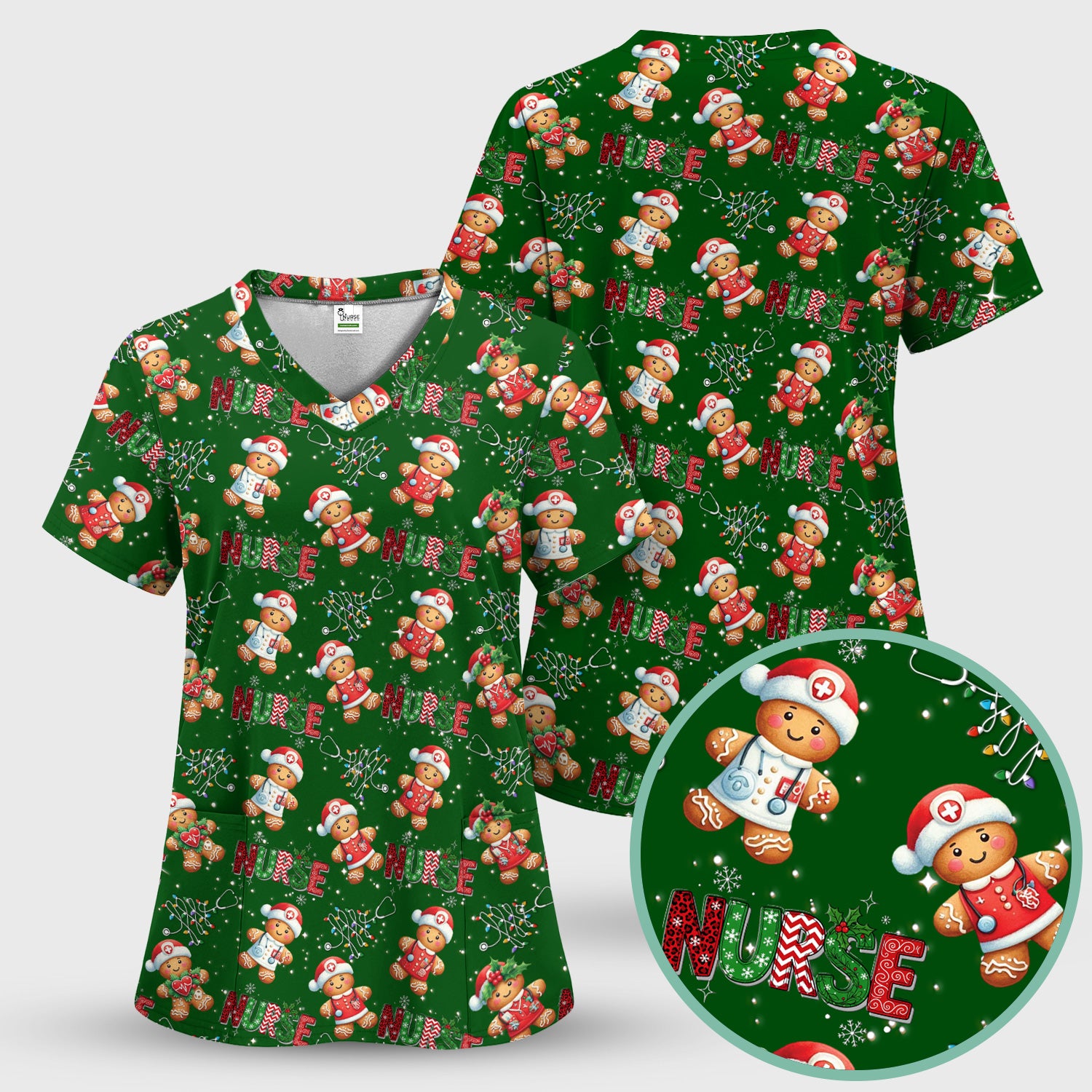 Christmas Nurse Scrub Top - Funny Gingerbread Holiday Medical Uniform - Gift for Nurse RN CNA LPN