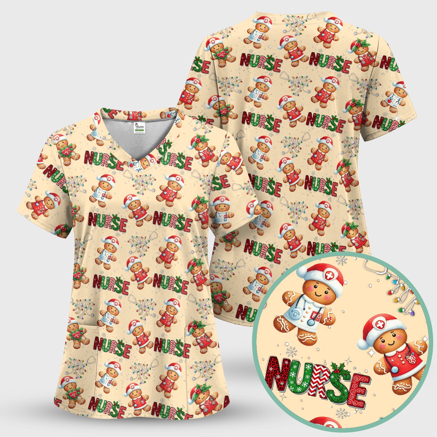 Gingerbread Christmas Scrub Top - Festive Holiday Nurse Medical Shirt - Gift for RN CNA LPN