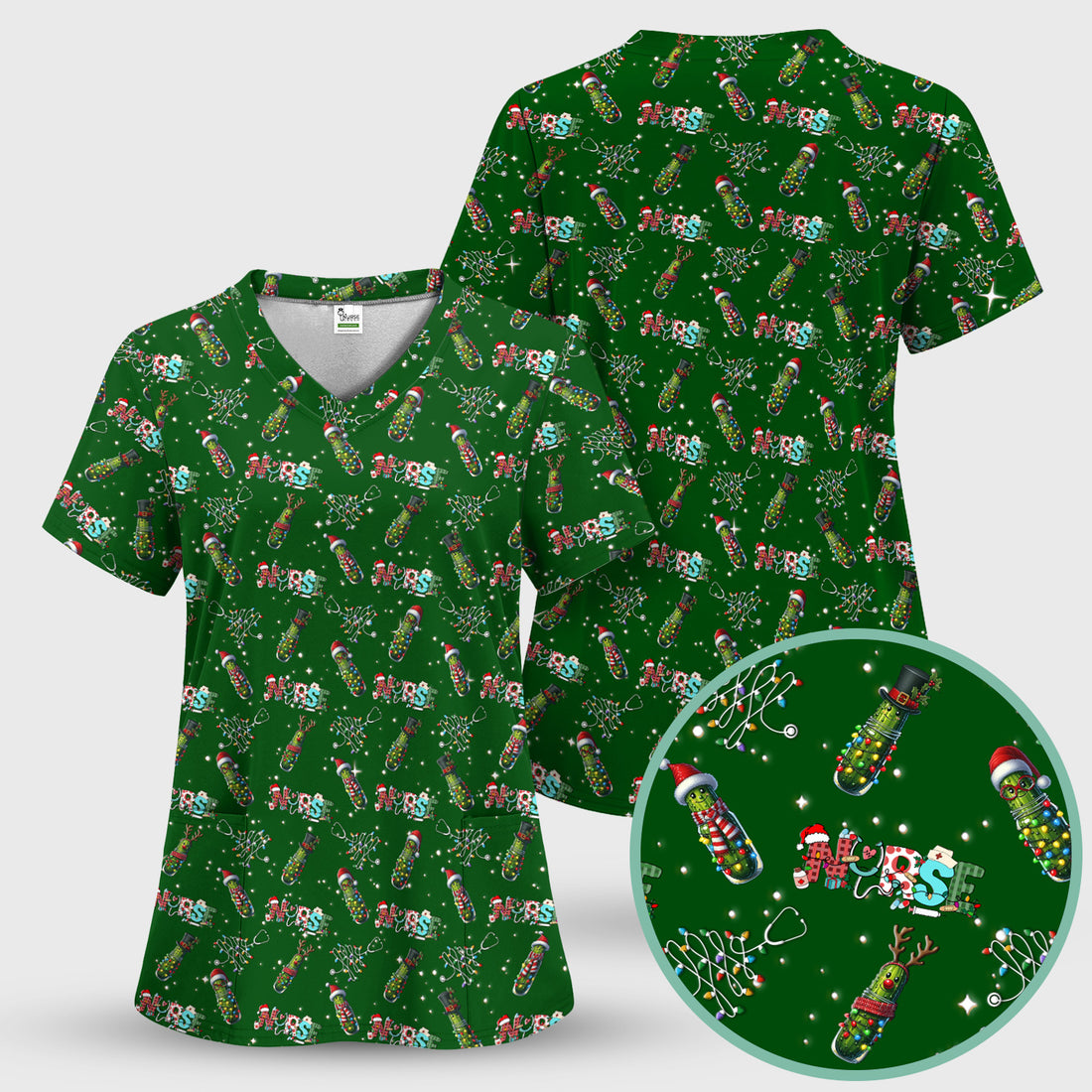 Christmas Pickle Scrub Top - Funny Holiday Medical Uniform - Gift for Nurse RN CNA LPN LVN EN
