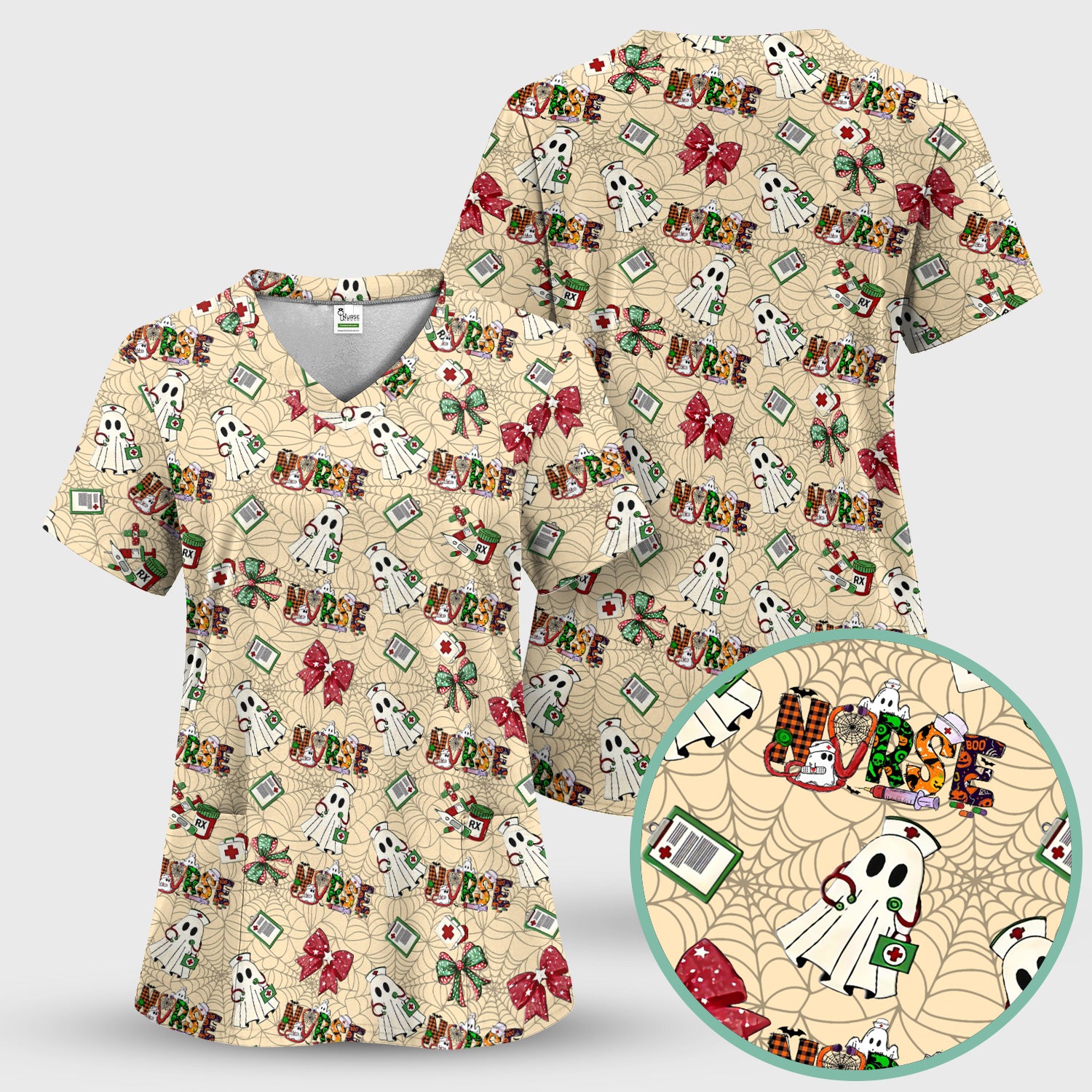 Custom Halloween Scrub Top for Nurses - Funny Ghost and Web Scrub Shirt Multi Color - Cute Spooky Nursing Workwear with Pockets