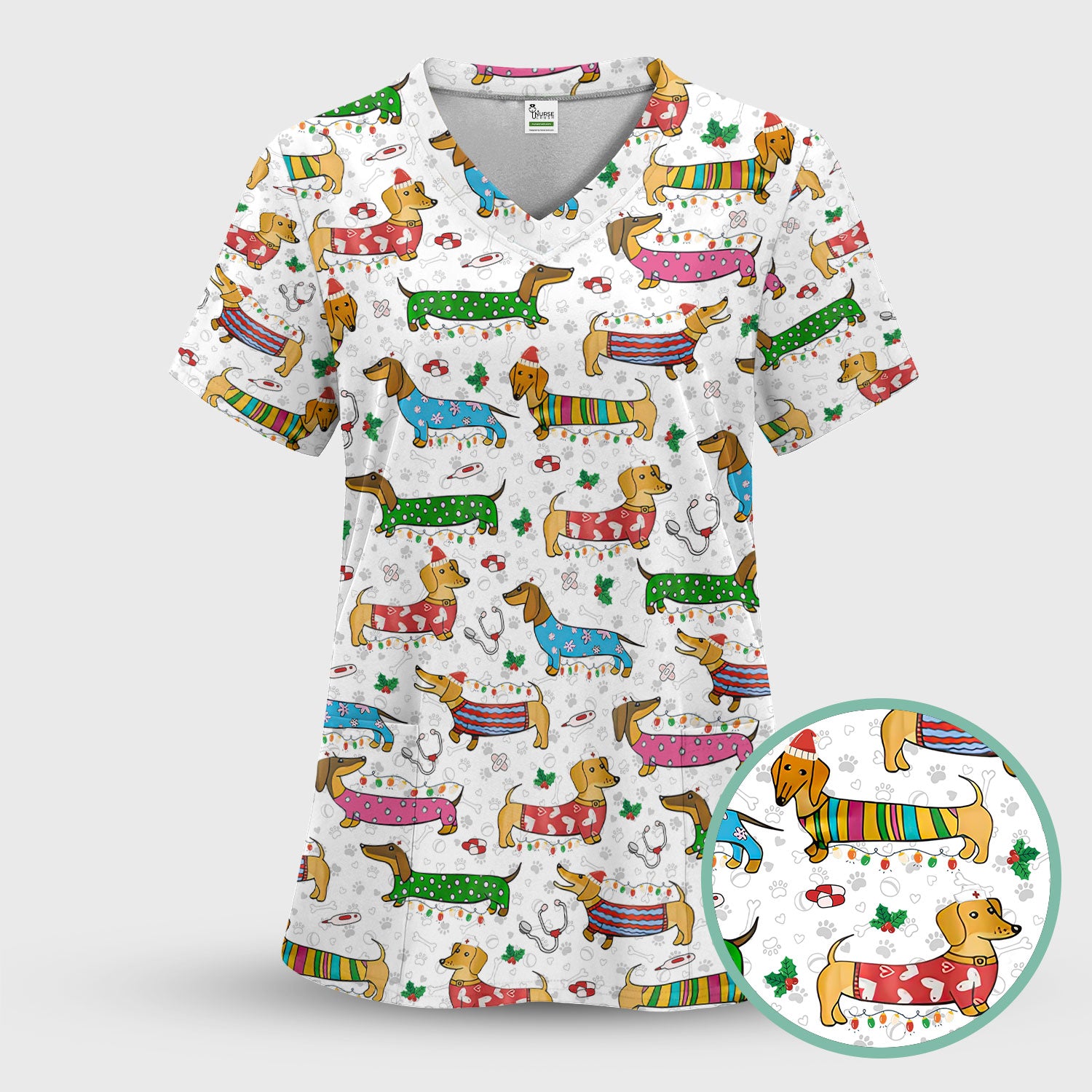 Christmas Scrub Top for Women - Funny Dachshund Nurse Shirt - Cute Holiday Medical Uniform Gift for RN LPN CNA