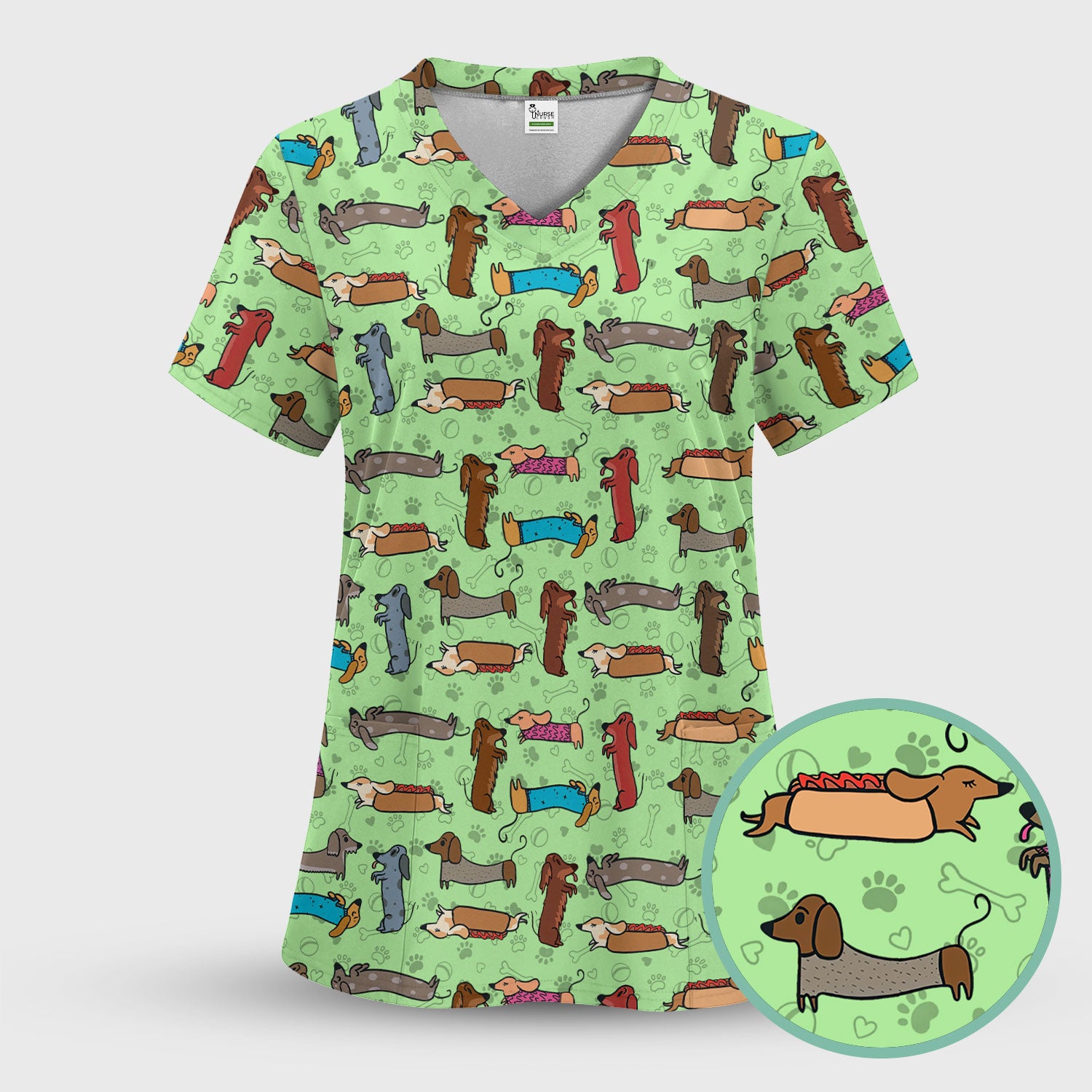 Cute Sausage Dog Scrub Top for Nurses - Colorful Dachshund Print Medical Work Shirt - Fun Wiener Dog Pattern Veterinary Apparel