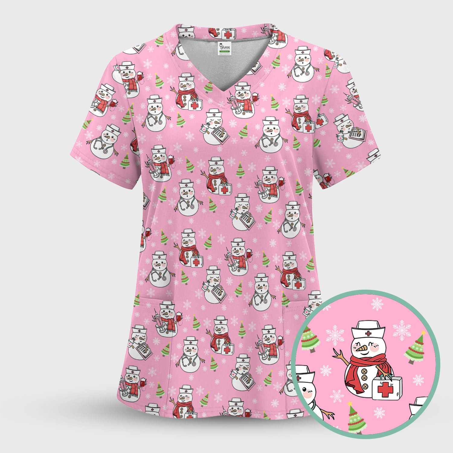 Christmas Snowman Nurse Scrub Top for Women - Cute Holiday Medical Snowman Tee - Funny Nursing Uniform Shirt RN LPN CNA Gift