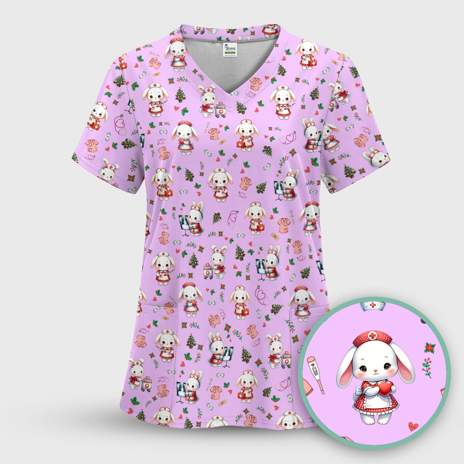 Comfortable Scrubs for Nurses - Funny Bunny Scrub Top - Rabbit Christmas Shirt - Xmas Med Uniform for Women
