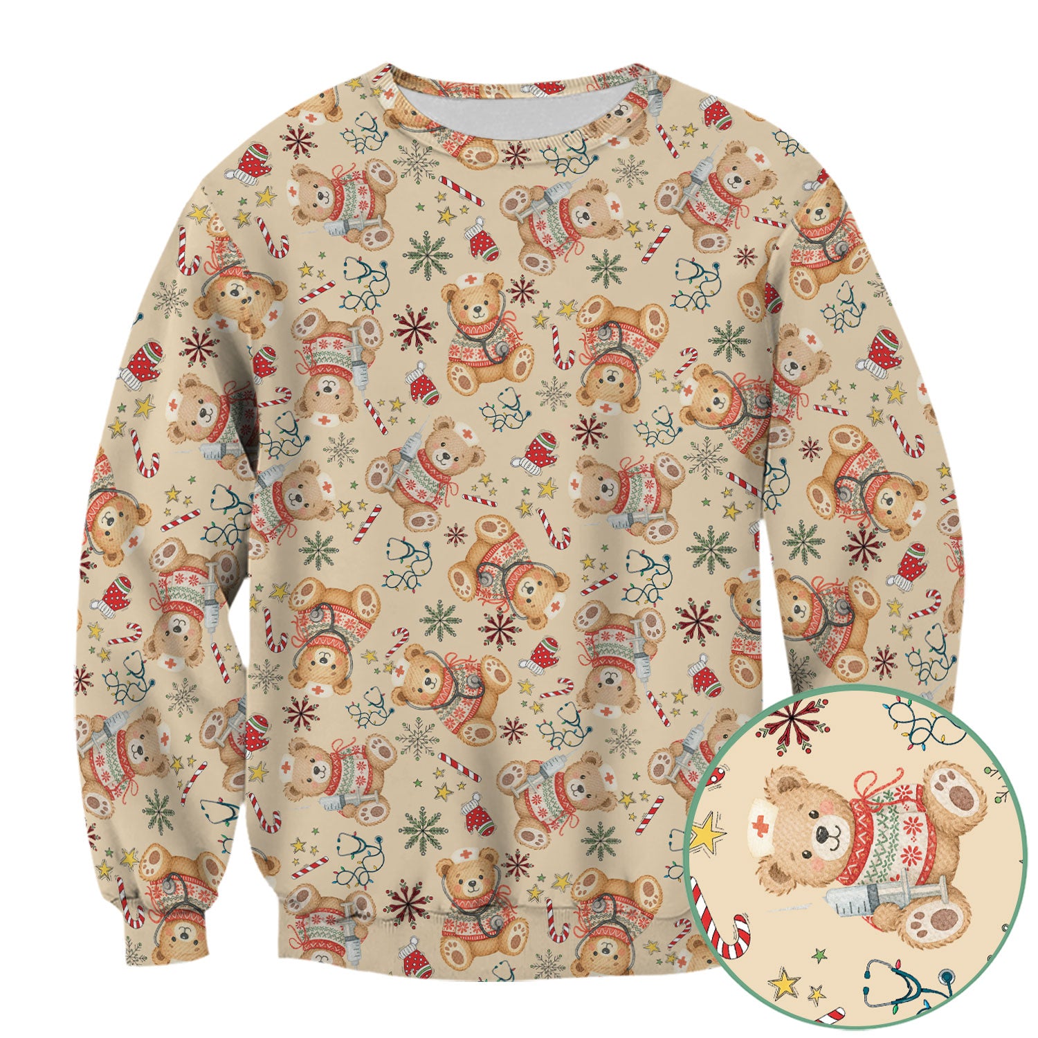 Christmas Teddy Bear Nurse Scrub Top for Women - Cute Holiday Medical Shirt RN LPN CNA Gift - Festive Nursing Uniform