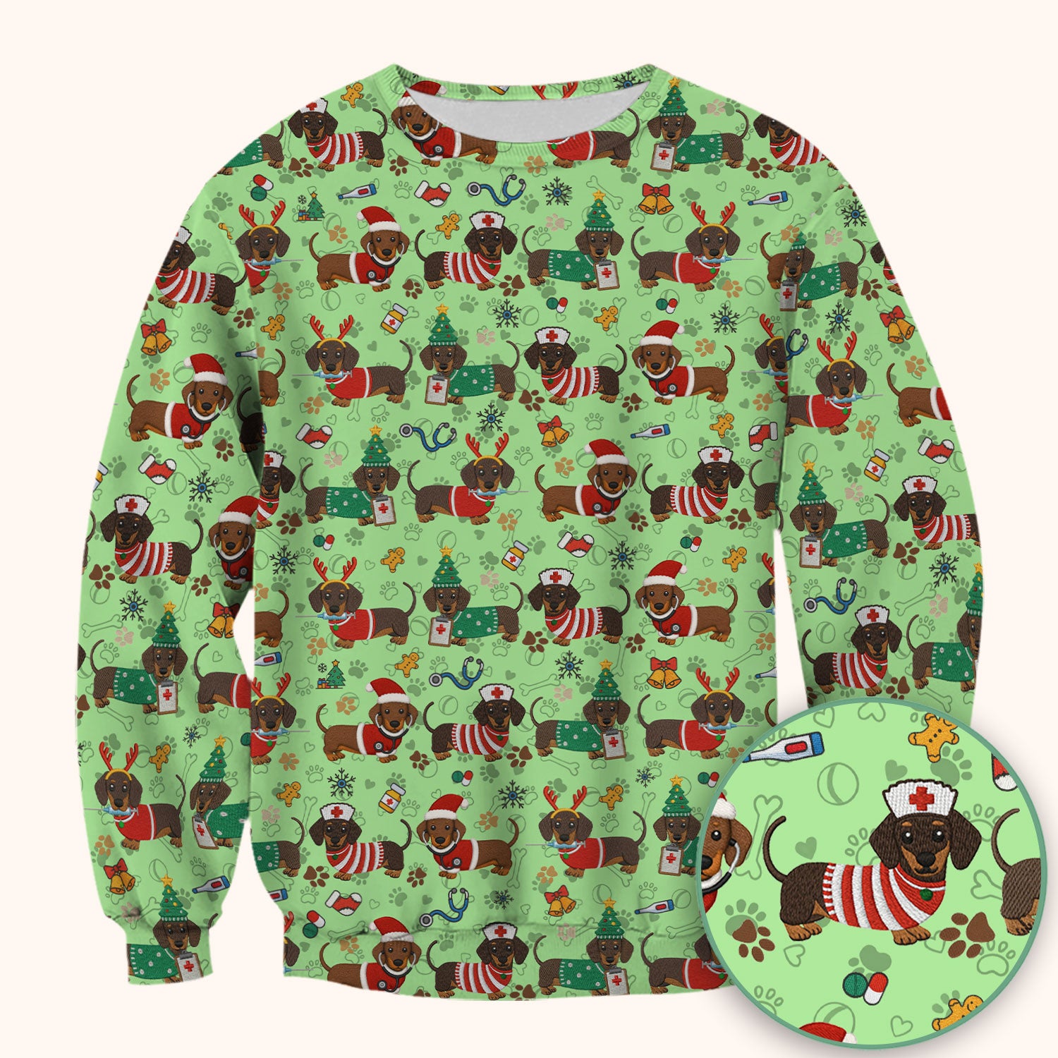 Christmas Wiener Dog Scrub Top for Nurses - Cute Dachshund Medical Shirt - Fun Holiday Scrubs Gift for Women RN CNA LPN