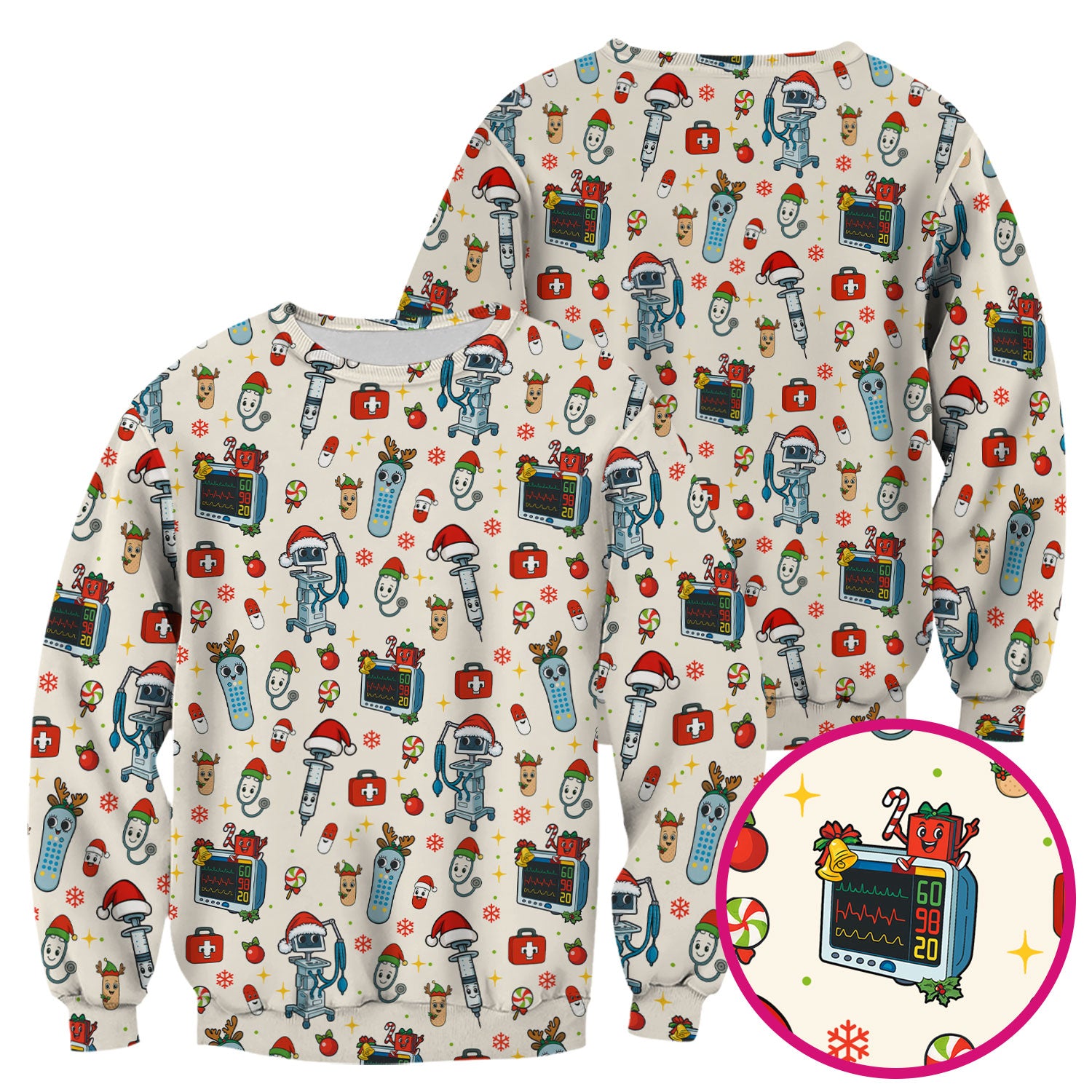 Christmas Scrub Top for Women - Funny Nurse Pattern with Robot & Reindeer - Festive Medical Shirt for Holiday Shifts