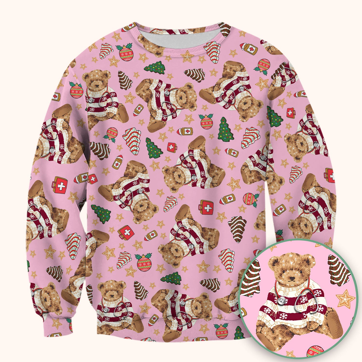 Christmas Teddy Bear Scrub Top for Nurses - Cozy Holiday Pattern with Cute Bear and Medical Icons - Festive Scrubs for Women
